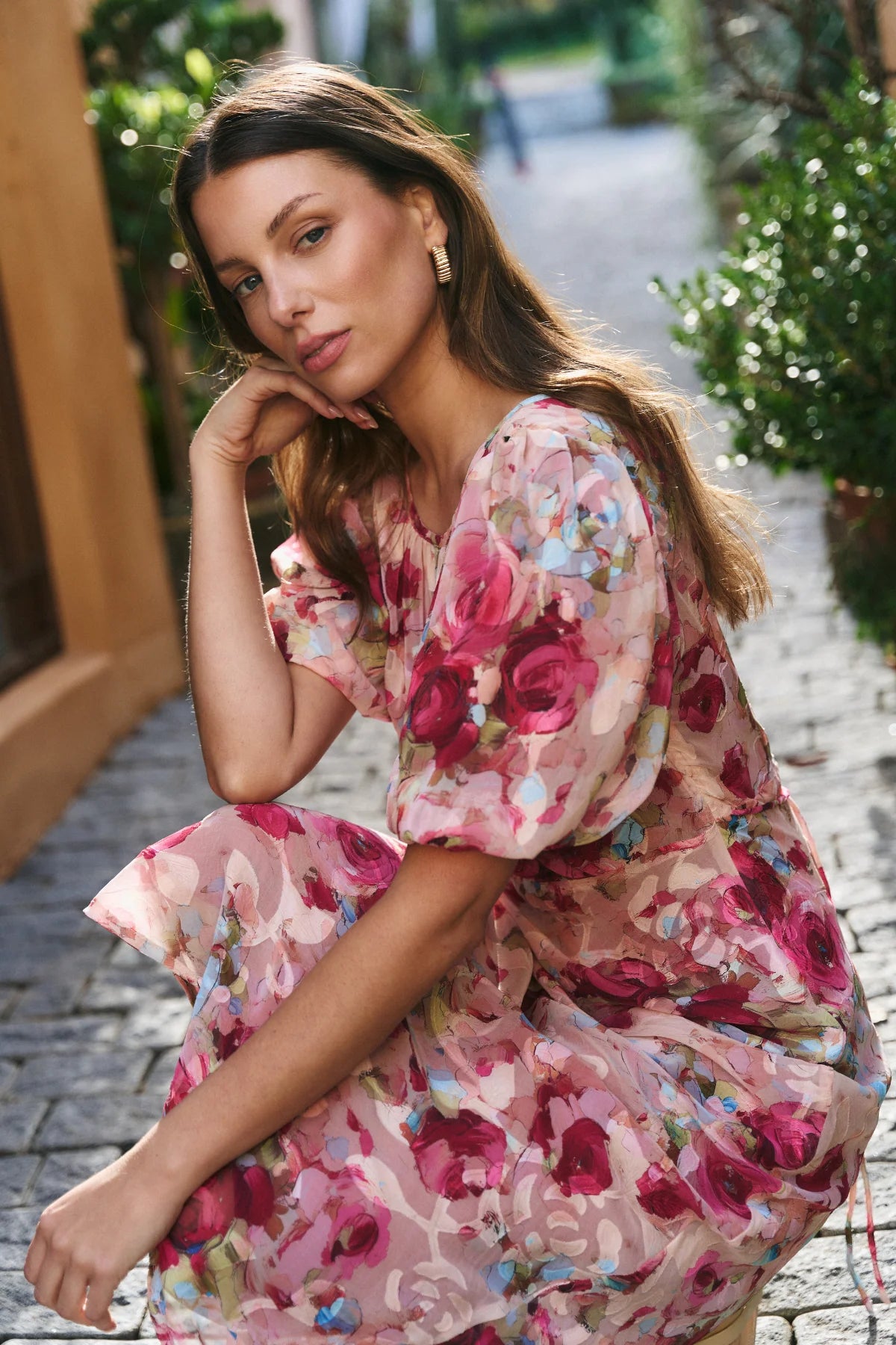 Exquisite Painted Rose Midi Dress