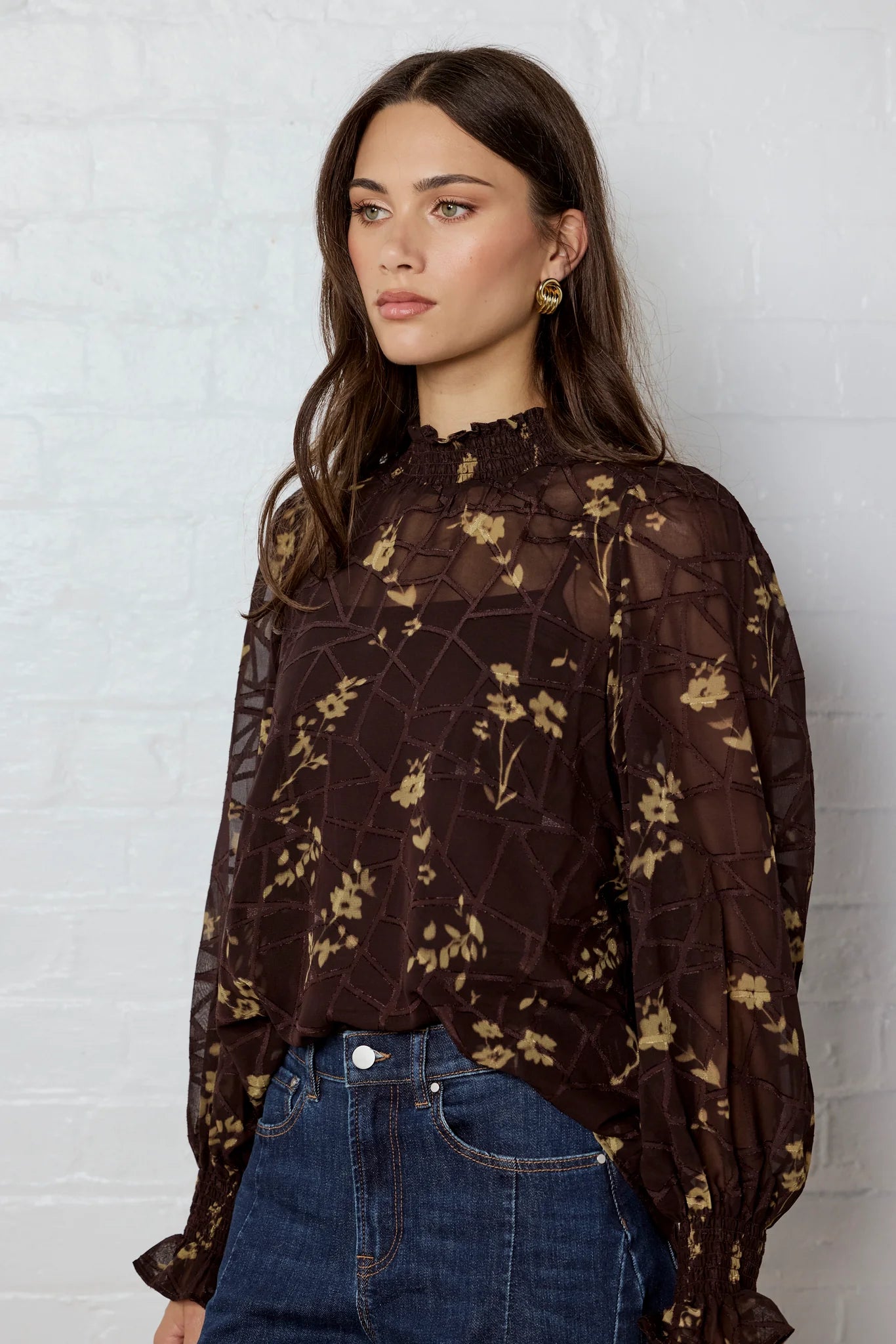 Affection chocolate butter floral shirred high neck top