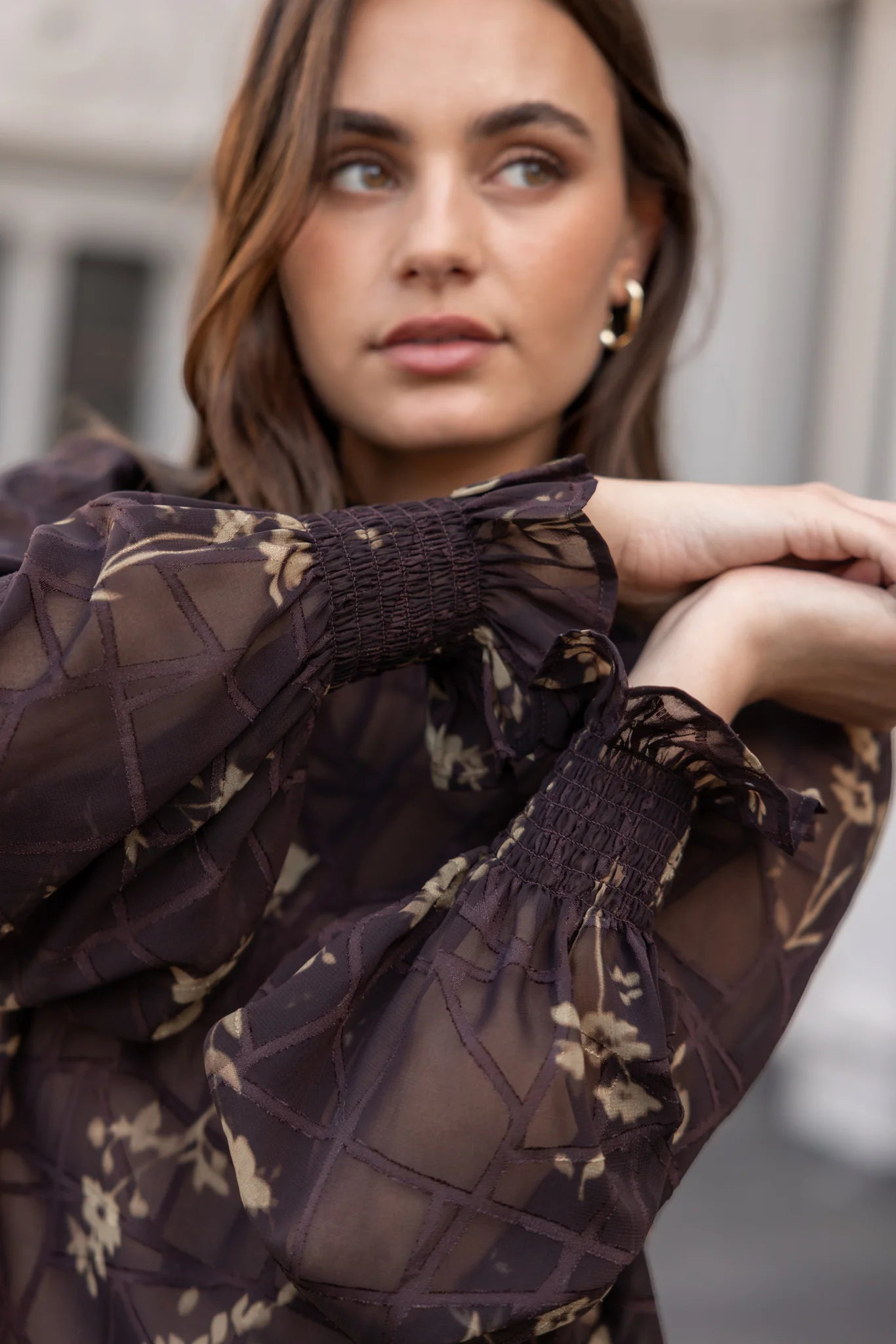 Affection chocolate butter floral shirred high neck top