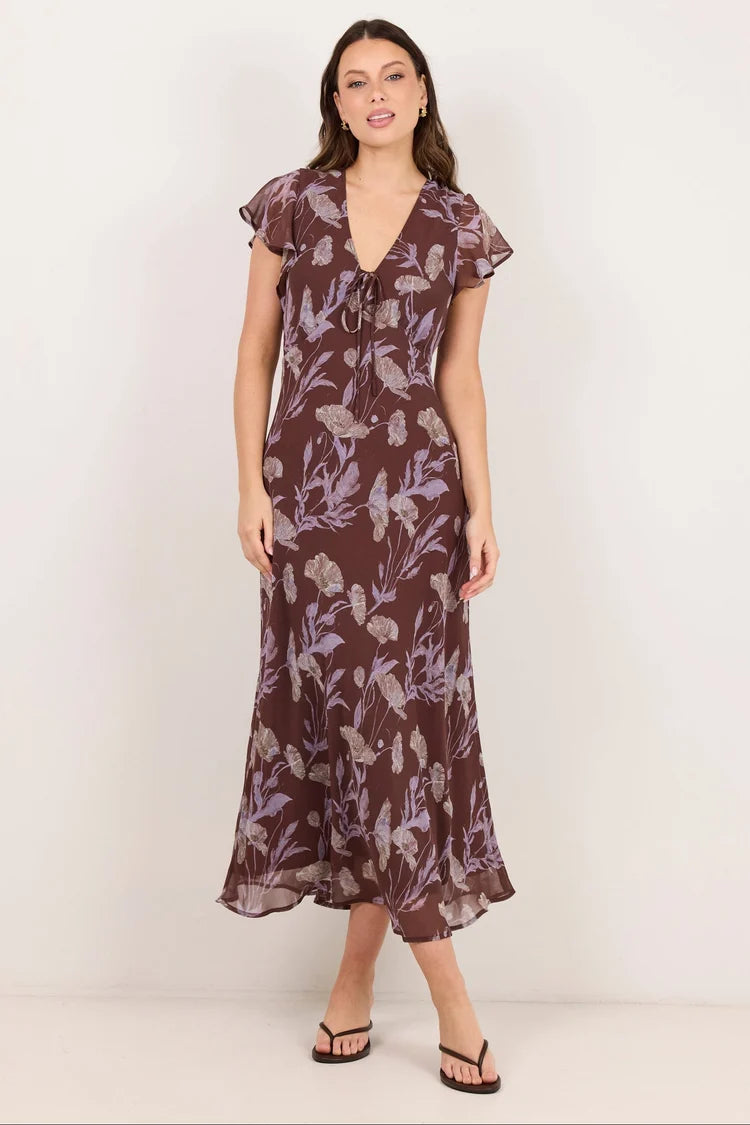 Admiration Chocolate Floral georgette dress flutter sleeve
