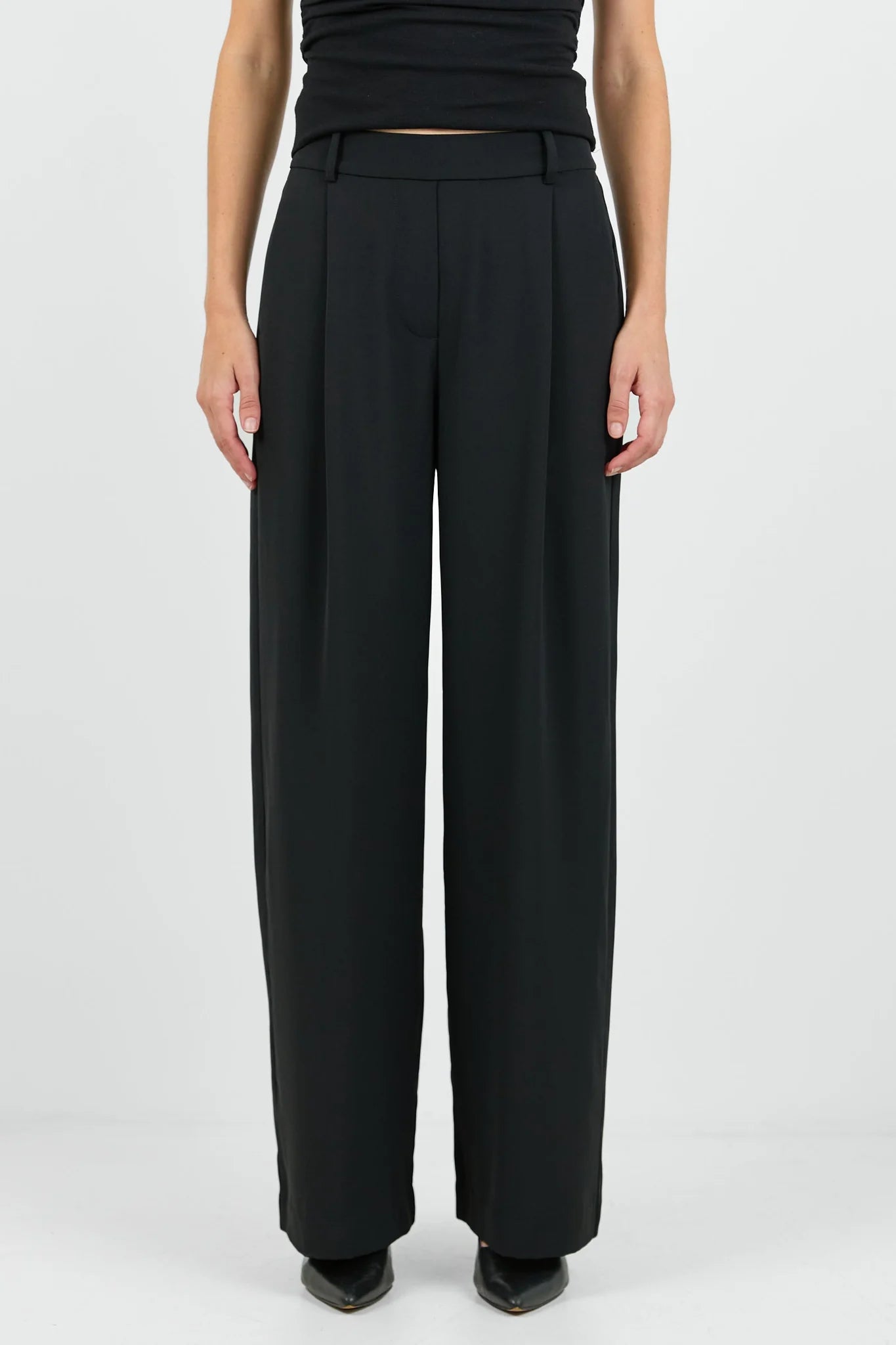 Business Black Wide Leg Pleat Front Pants