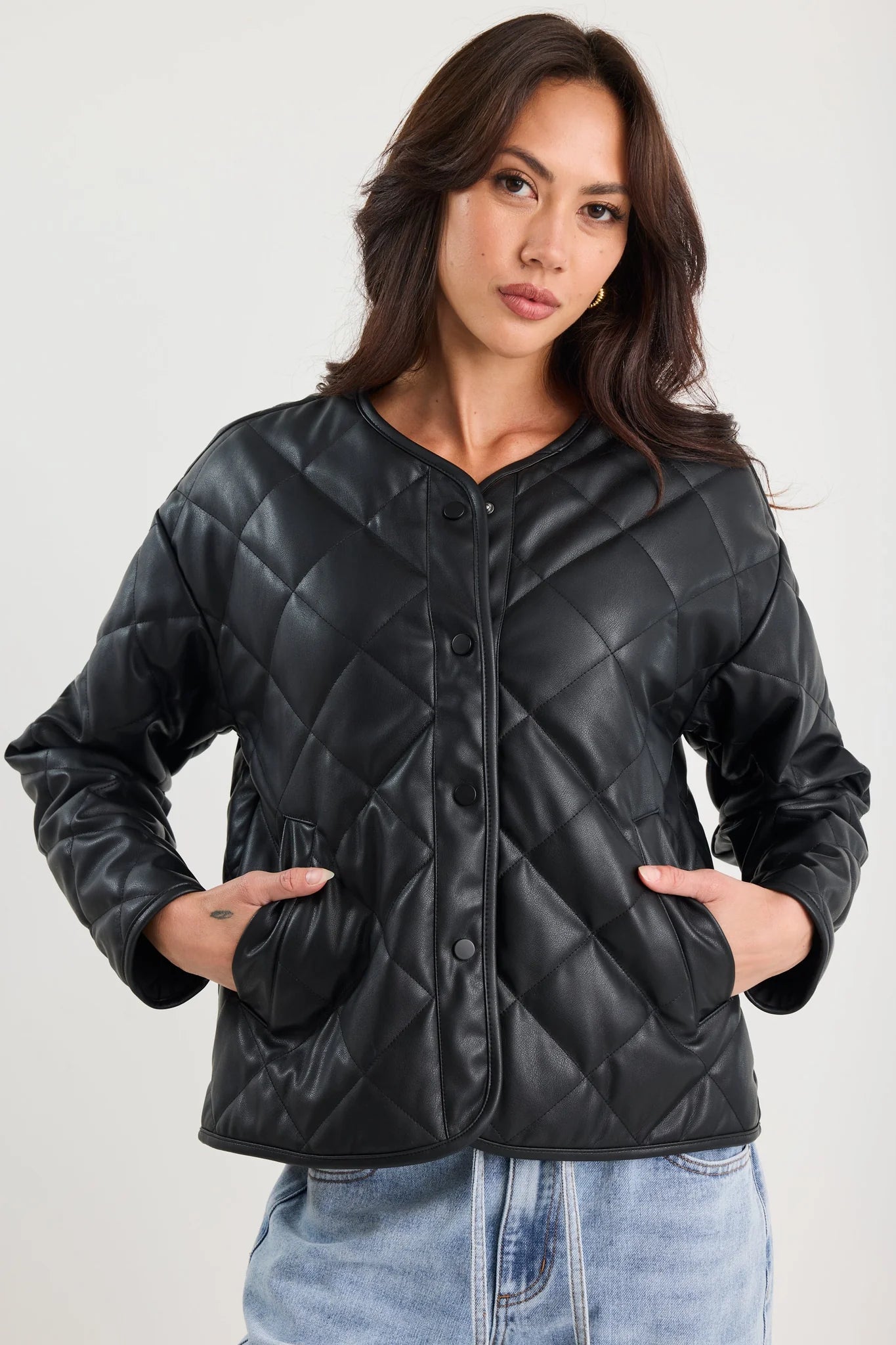 Apex Black PU Collarless Quilted Puffer Jacket