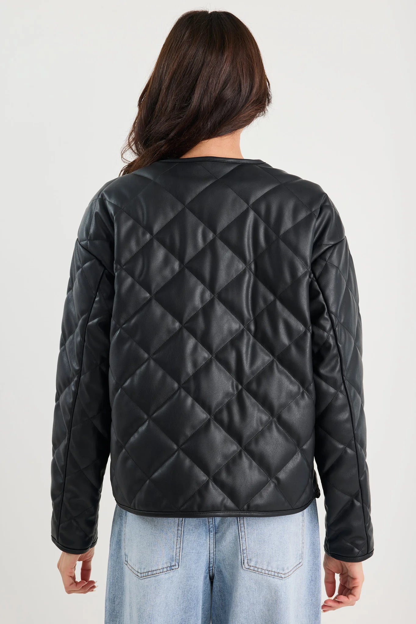 Apex Black PU Collarless Quilted Puffer Jacket