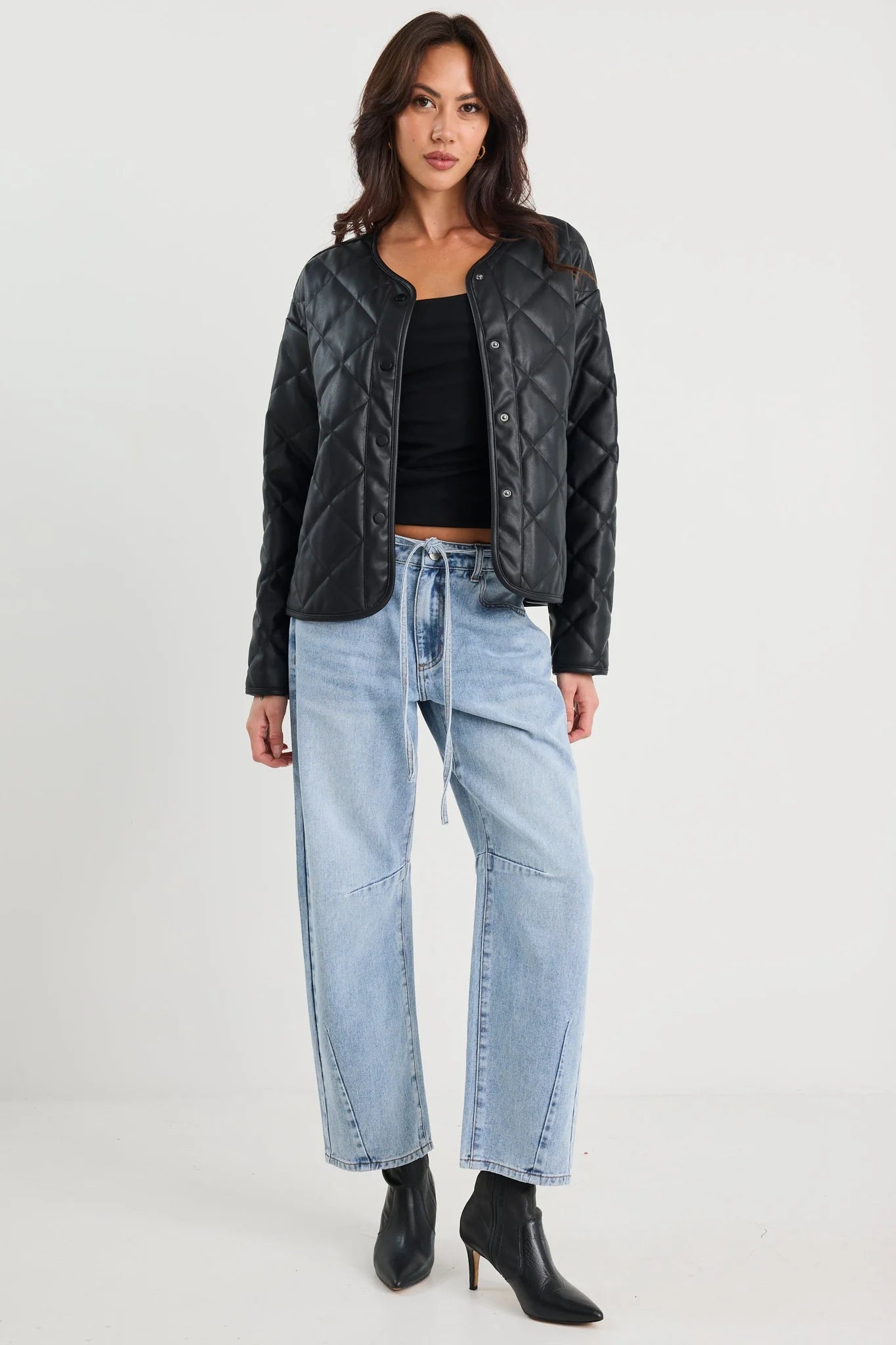Apex Black PU Collarless Quilted Puffer Jacket