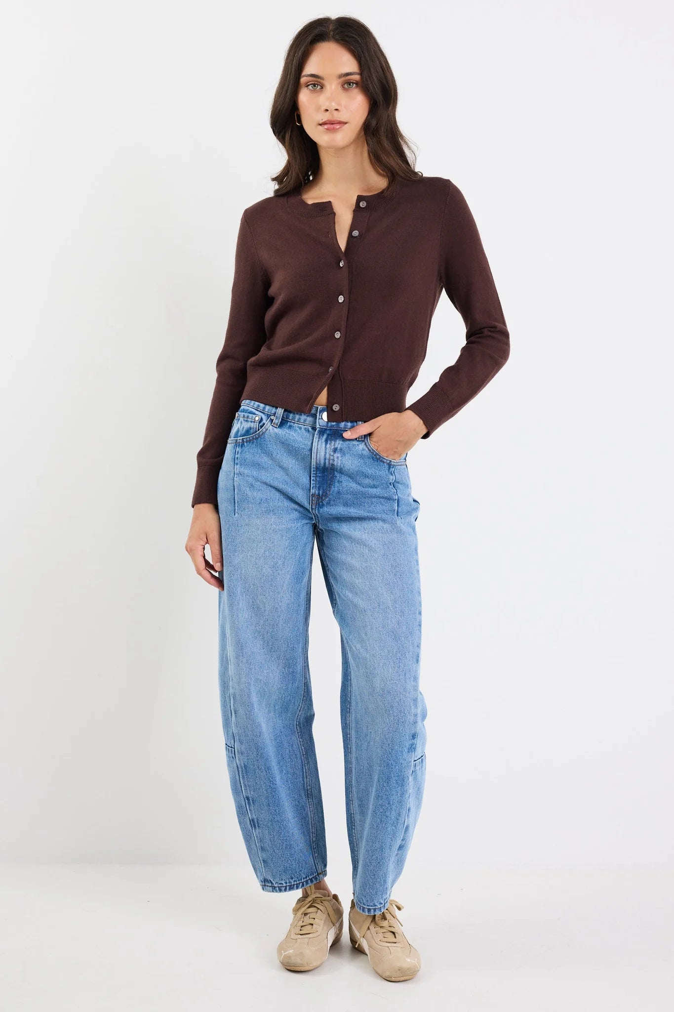 Autograph chocolate soft fine gauge crew neck cardi
