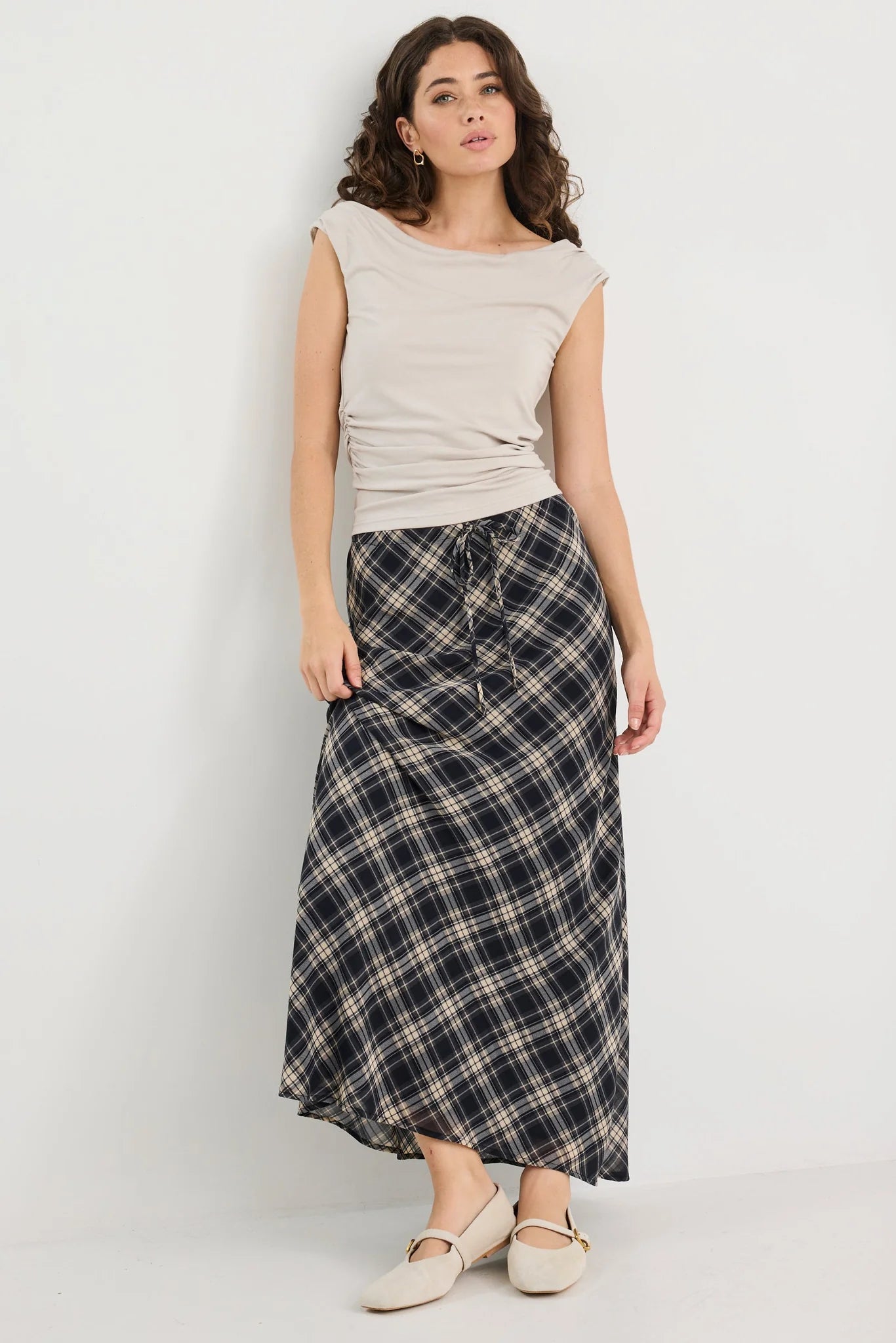 Rally black check chiffon tie waist bias maxi skirt