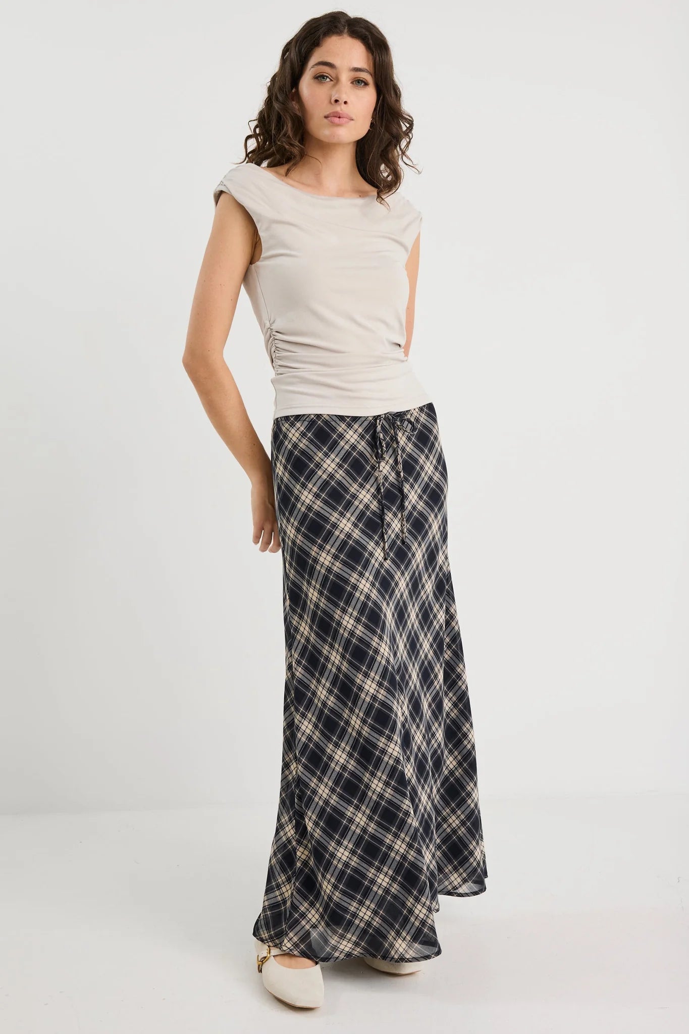 Rally black check chiffon tie waist bias maxi skirt