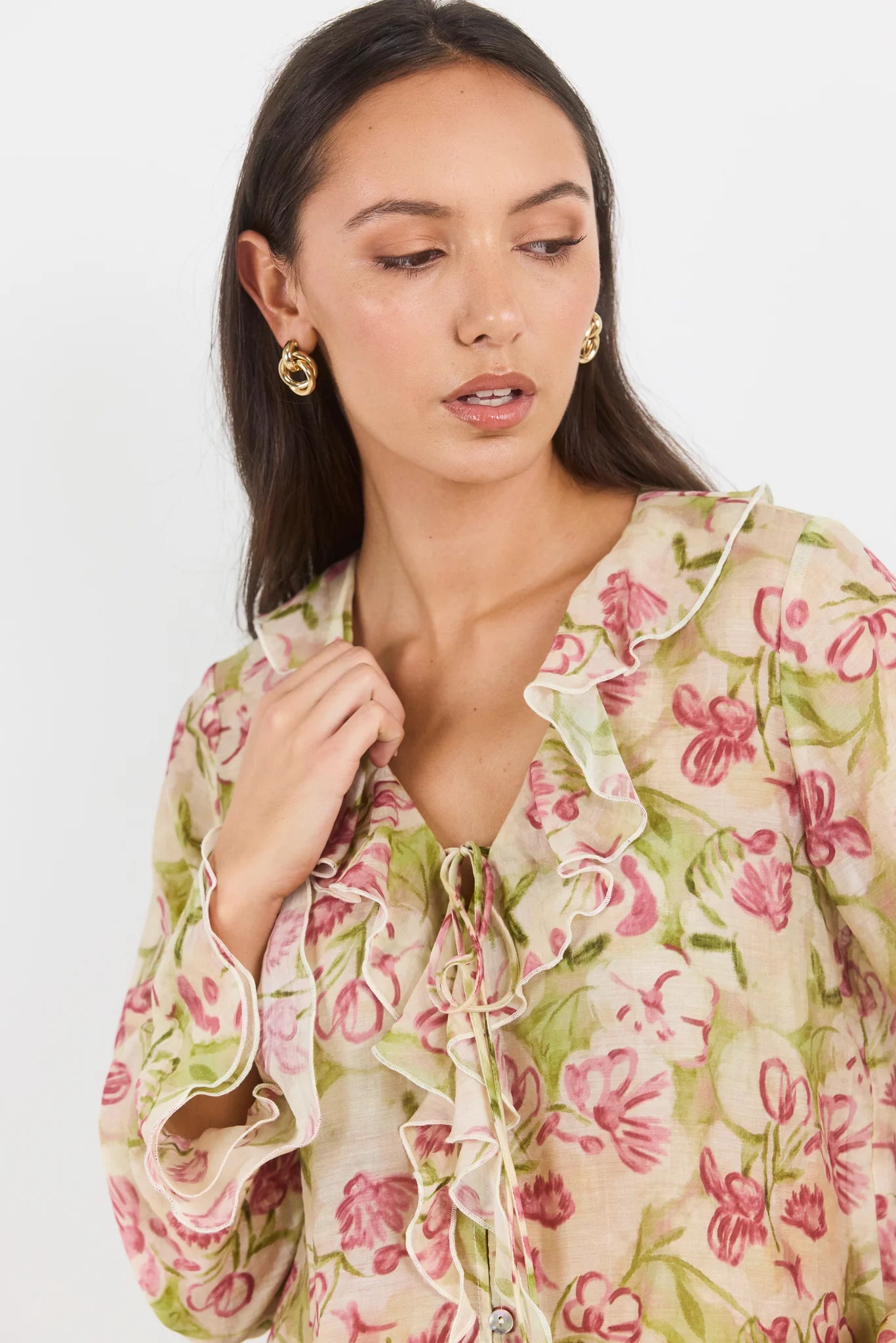 Bohemian Cream Blush Floral Frill Front Blouse