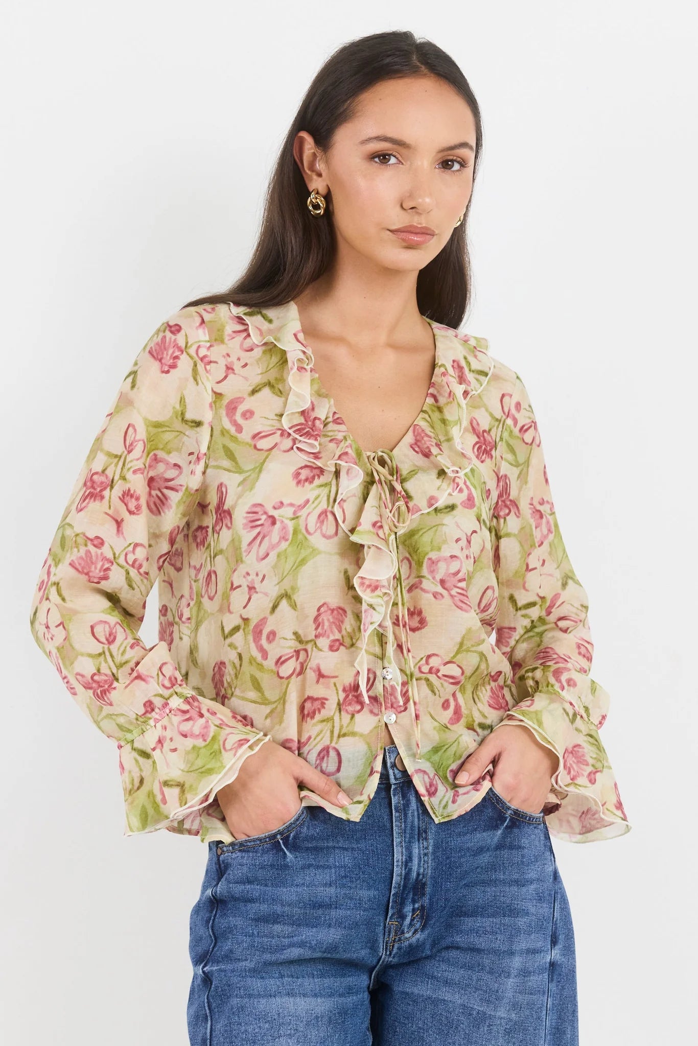 Bohemian Cream Blush Floral Frill Front Blouse