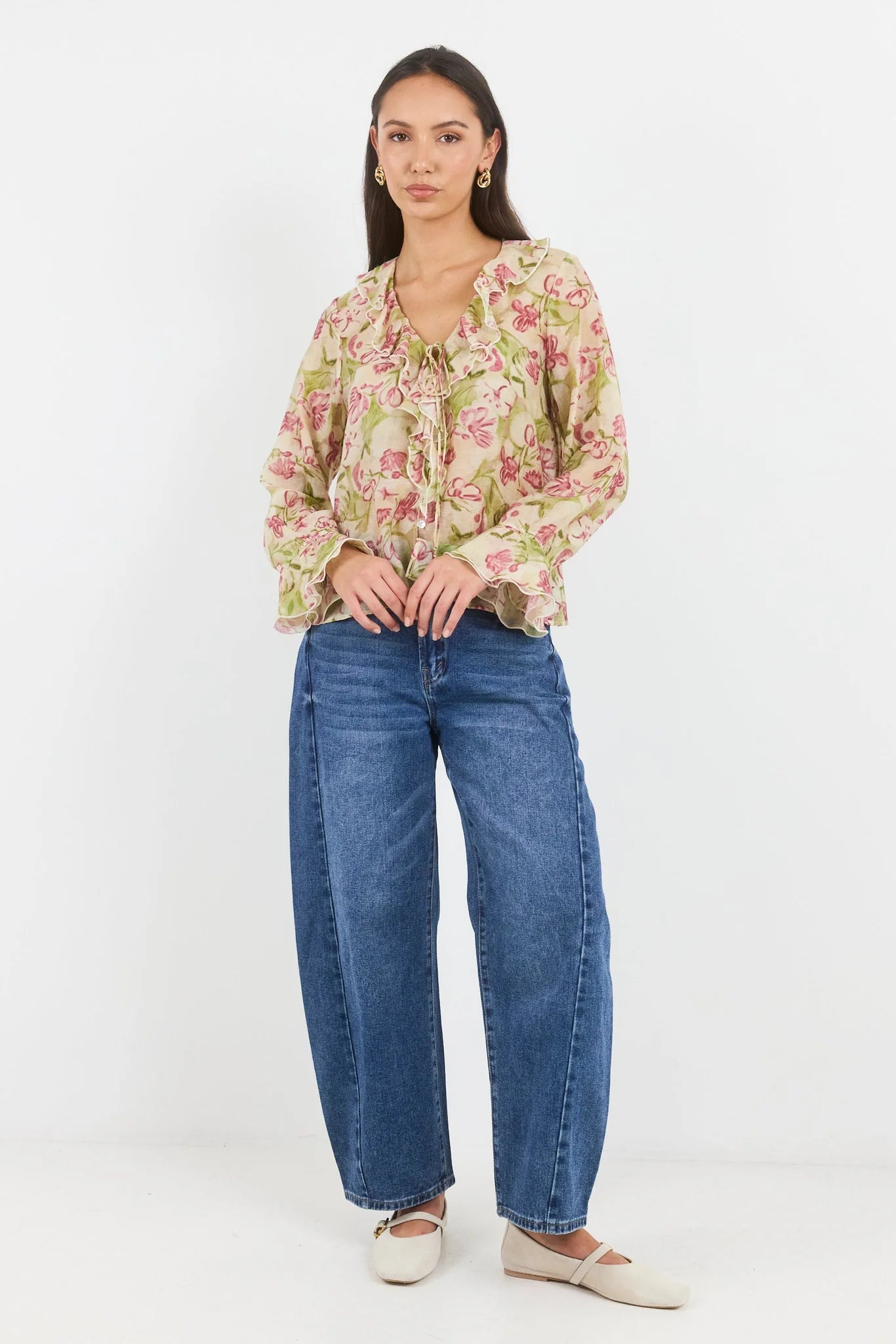 Bohemian Cream Blush Floral Frill Front Blouse