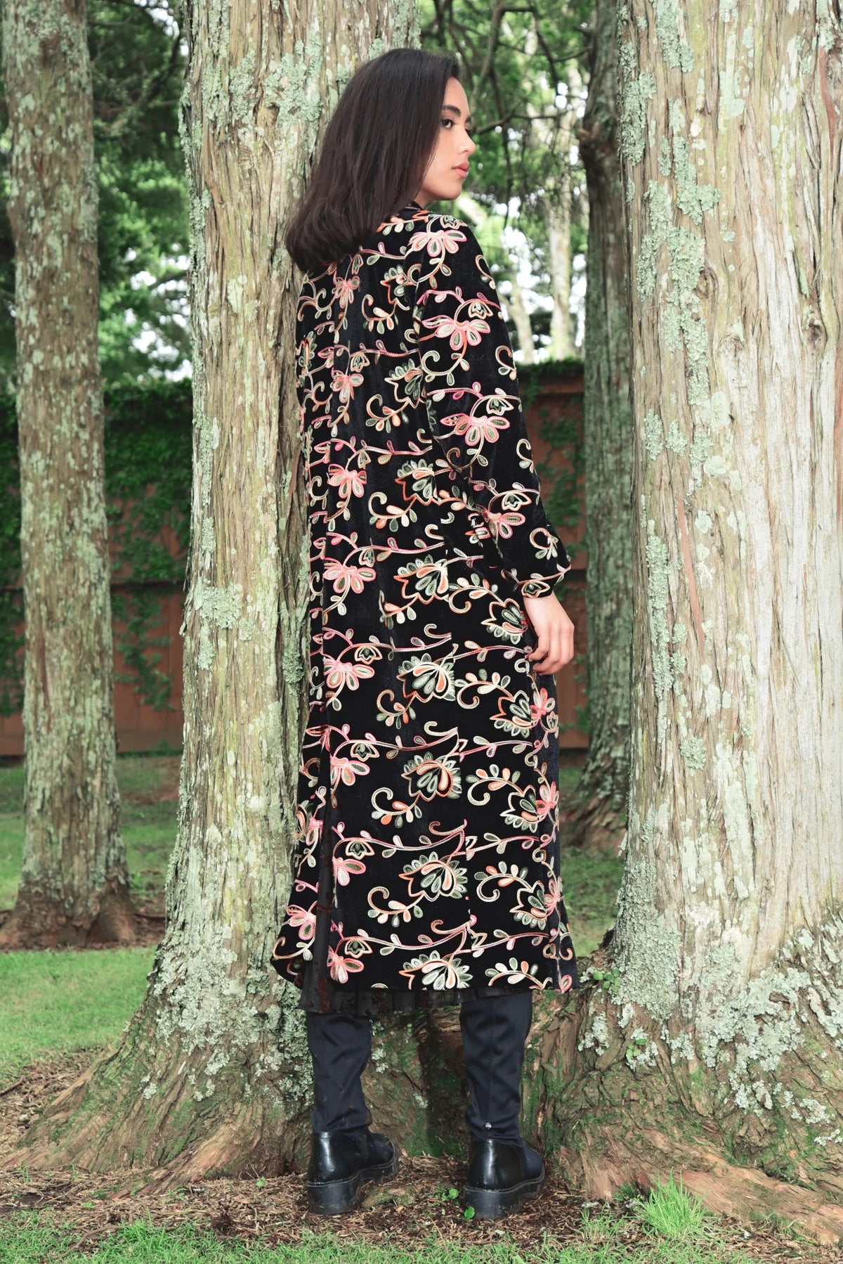 Long Night Coat Leaf Embroidery