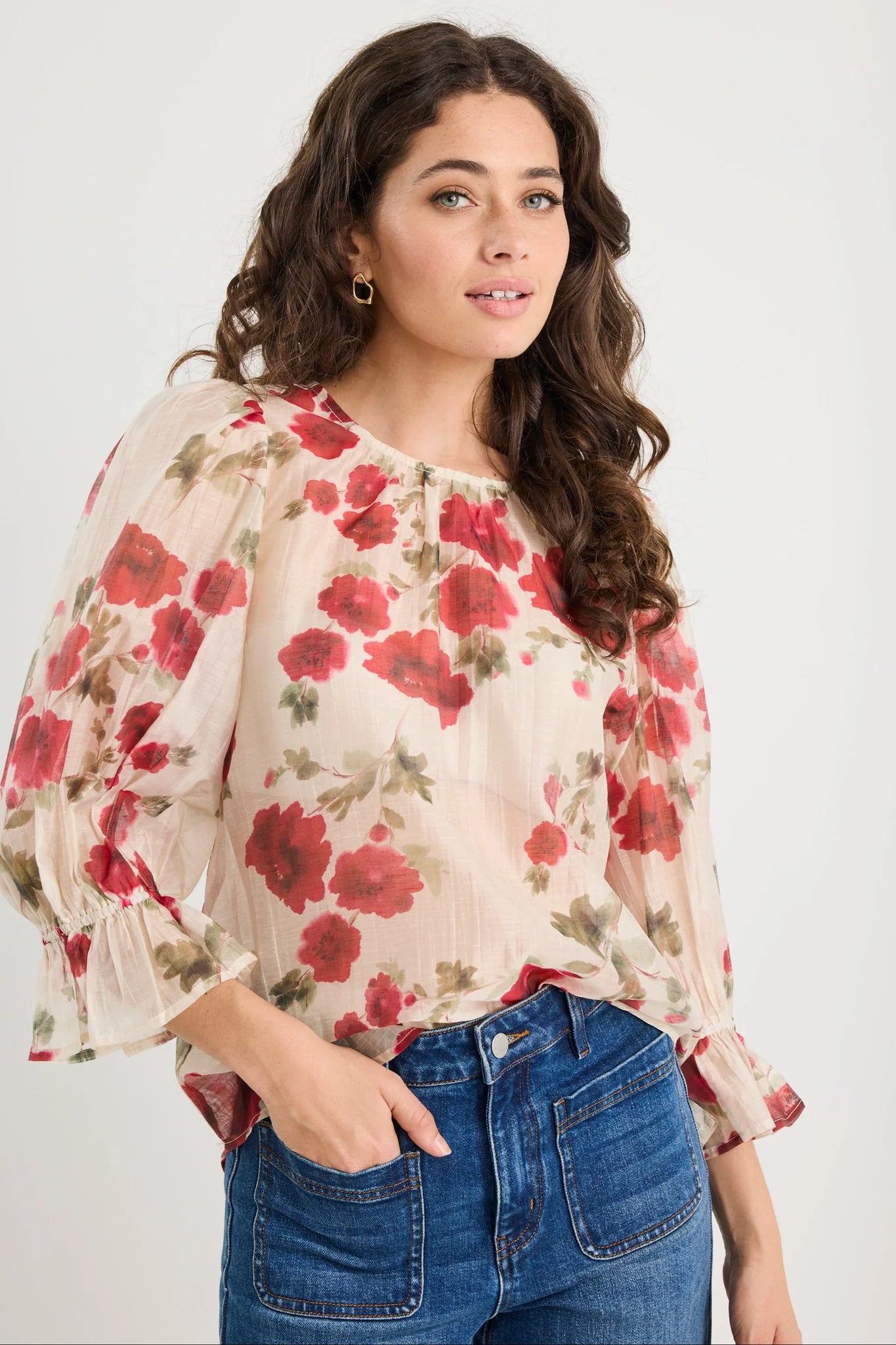 Candid Cream Red Rose Crew Neck Top