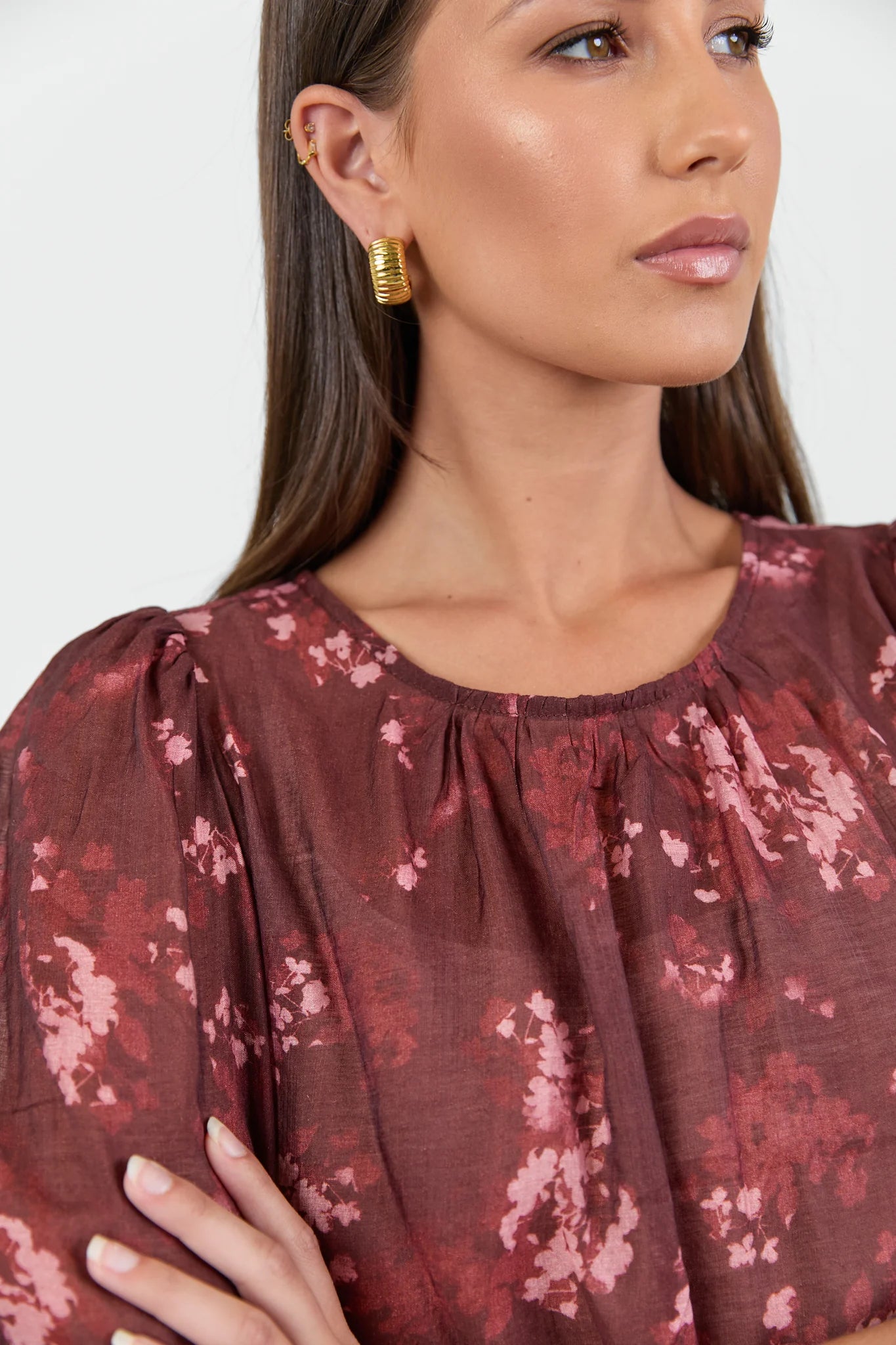 Candid plum smudge floral frill sleeve top