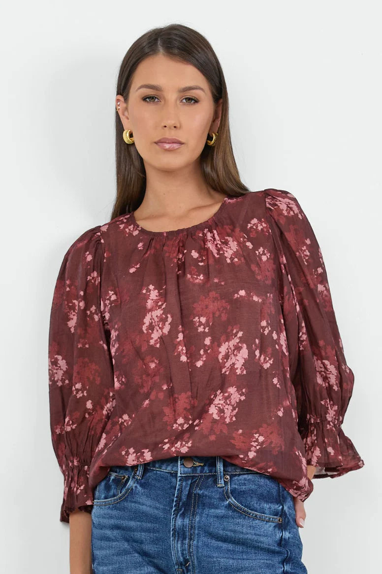Candid plum smudge floral frill sleeve top