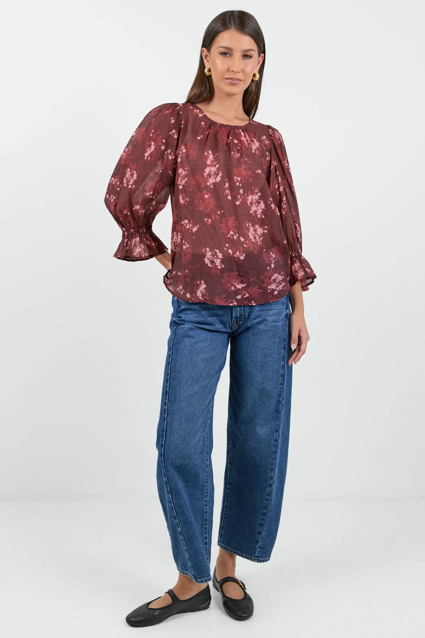 Candid plum smudge floral frill sleeve top