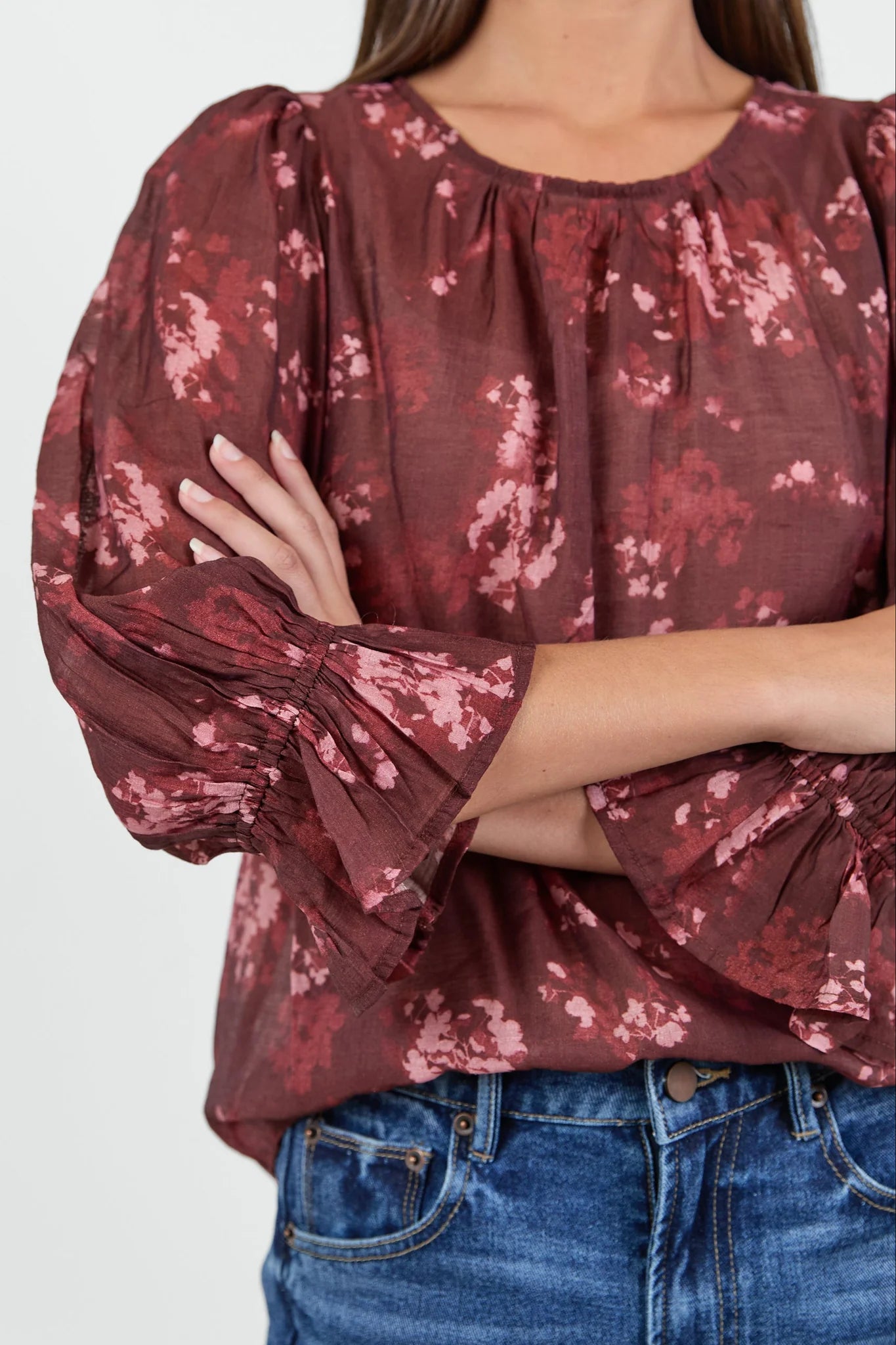 Candid plum smudge floral frill sleeve top
