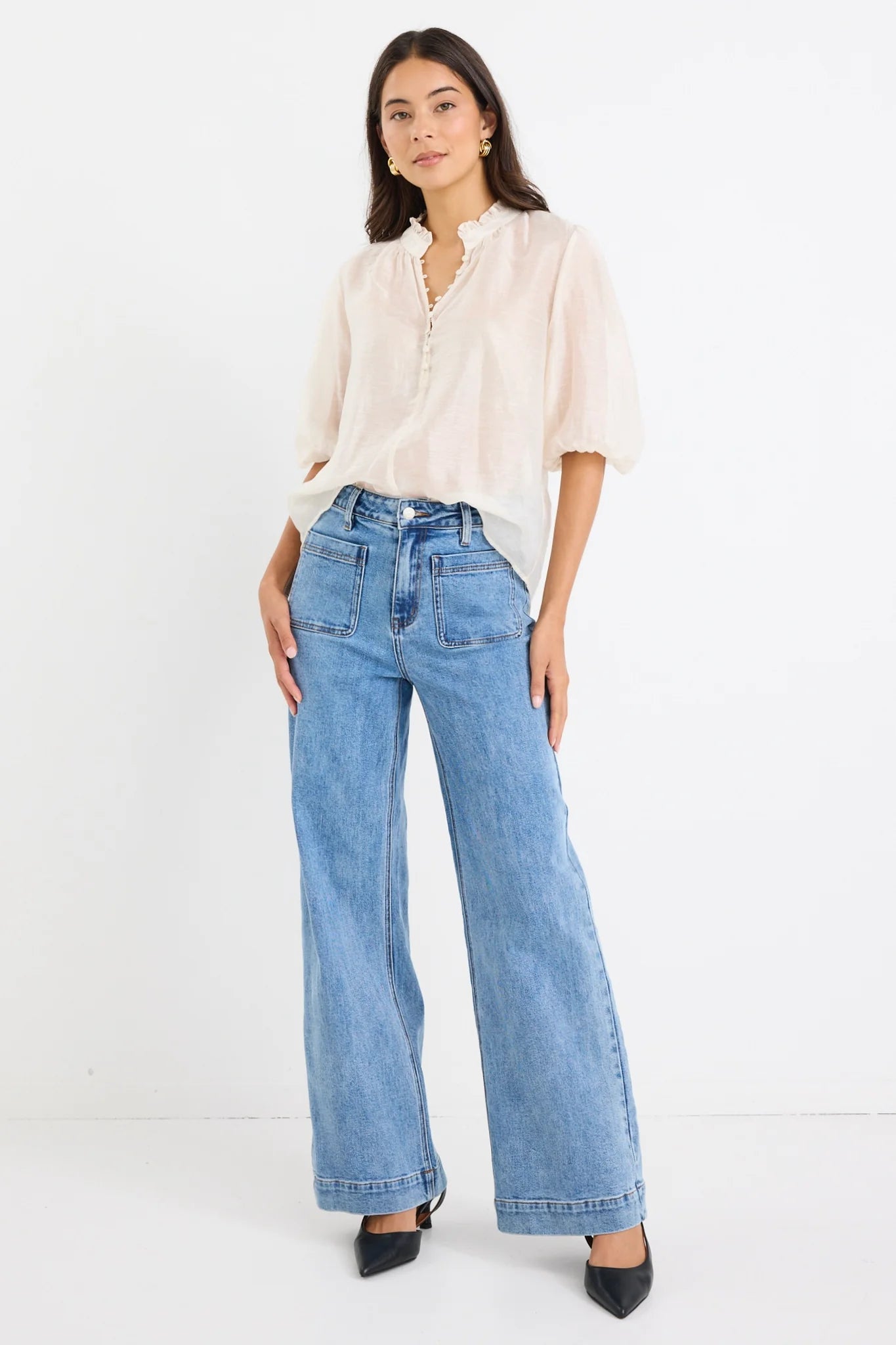 Closure ivory sheer high neck button blouse