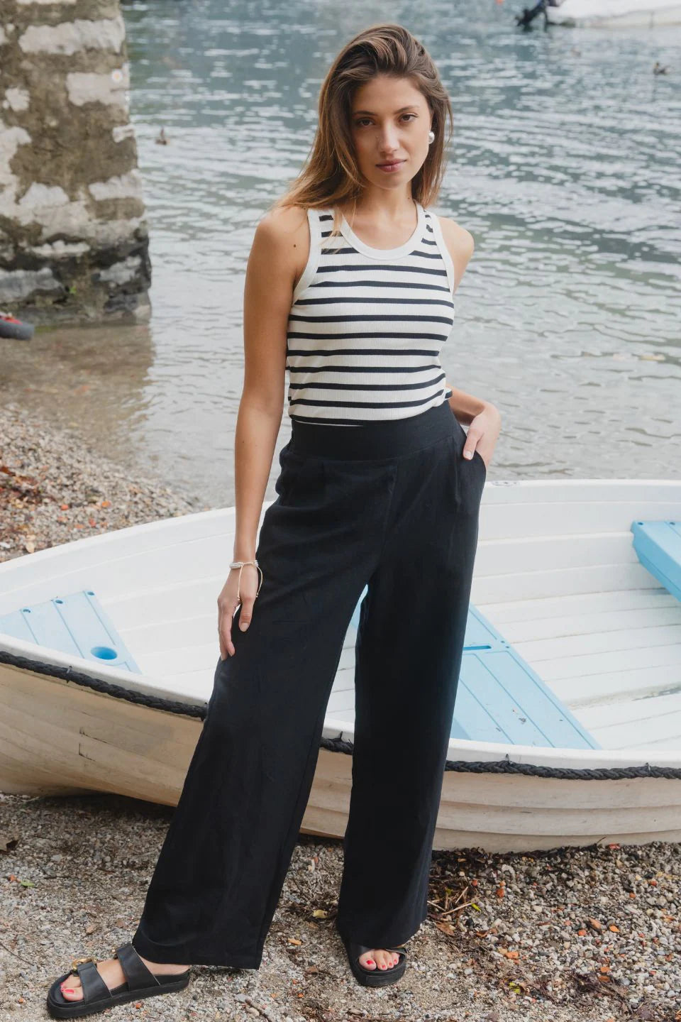 Cobble White Black Stripe Rib Tank