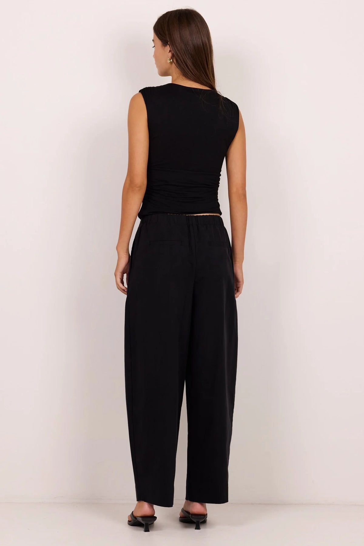 Manifesto black front pleat barrel leg pants