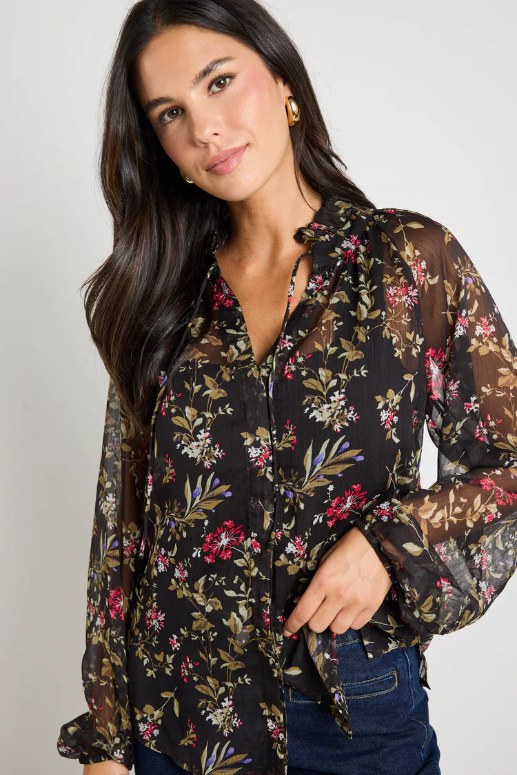 Deft black posy floral sheer blouse