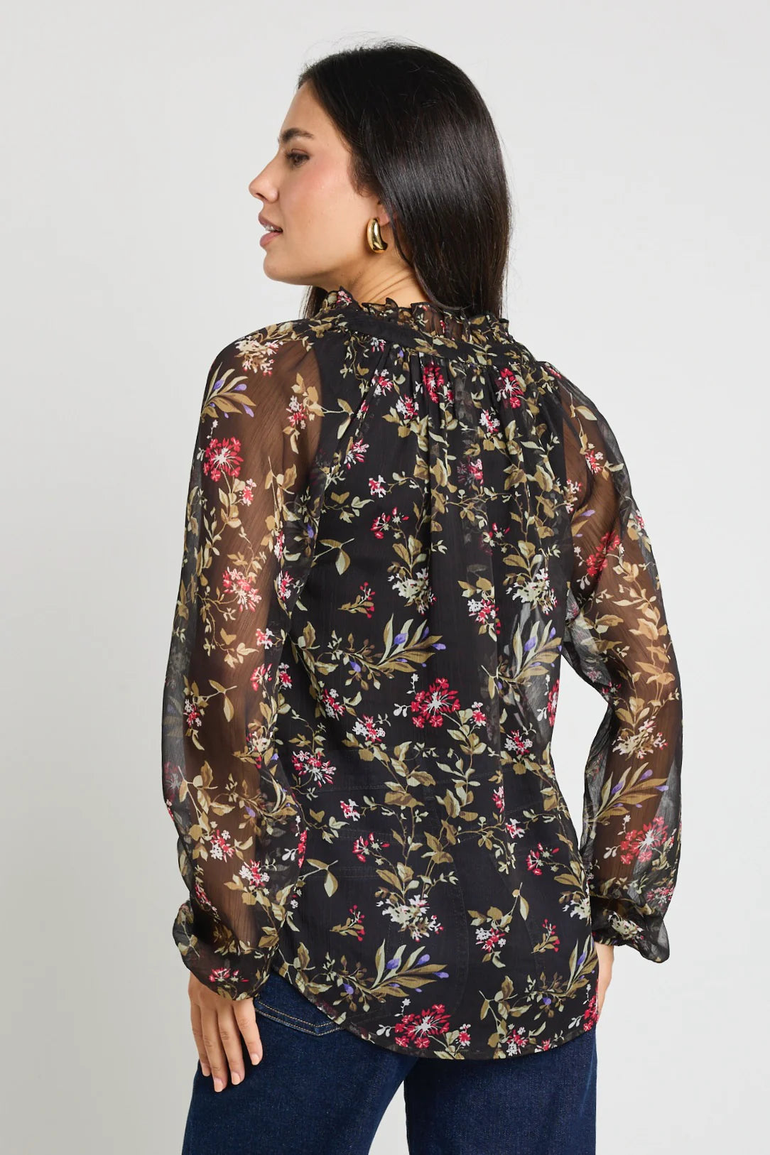 Deft black posy floral sheer blouse