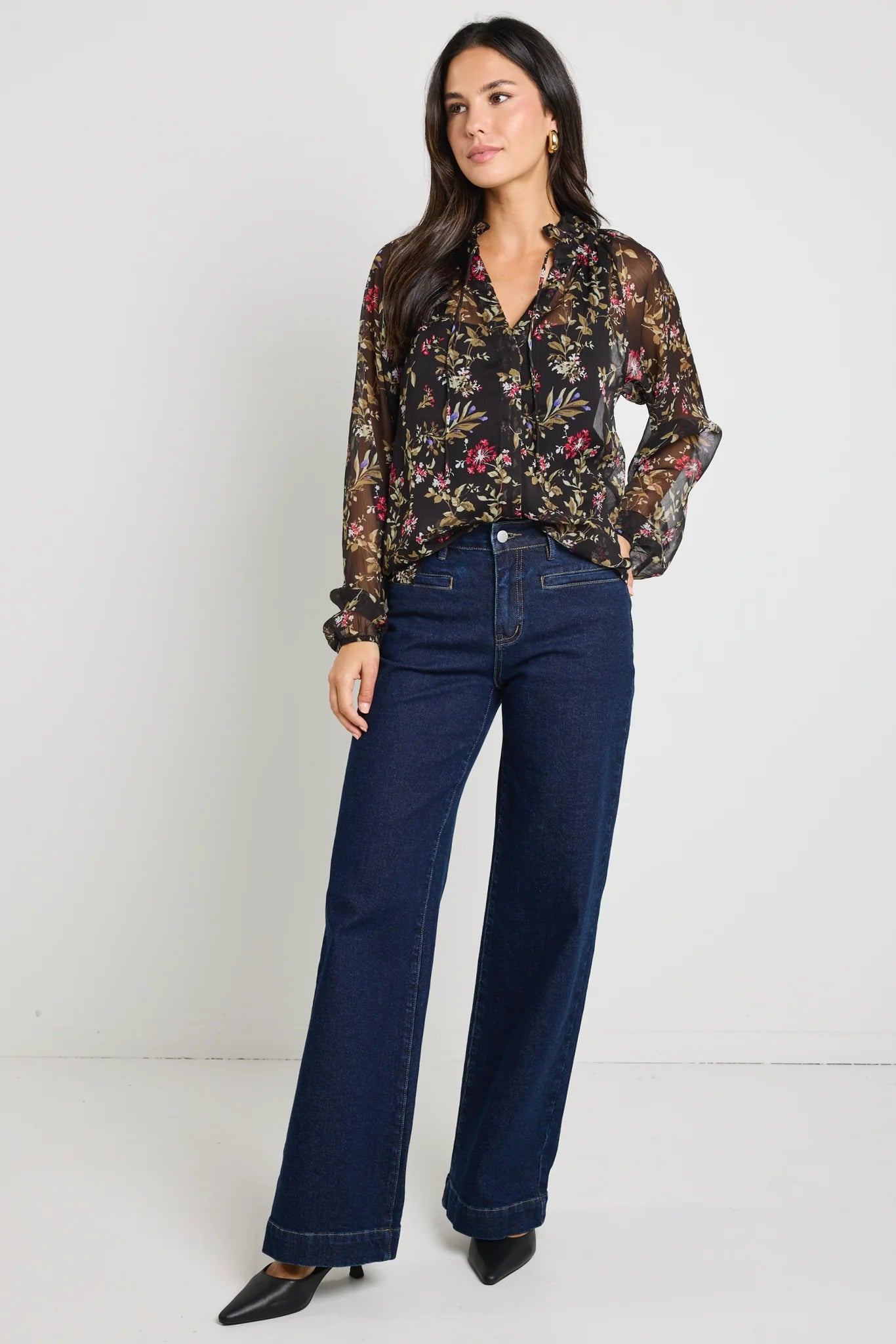 Deft black posy floral sheer blouse