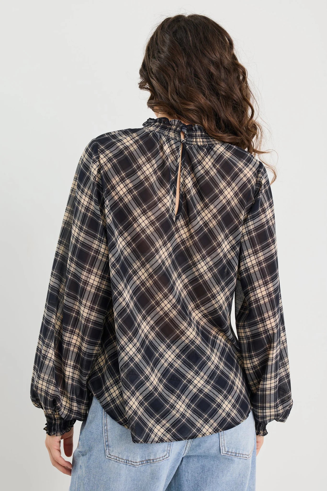 Embrace black check chiffon shirred neck l/s top