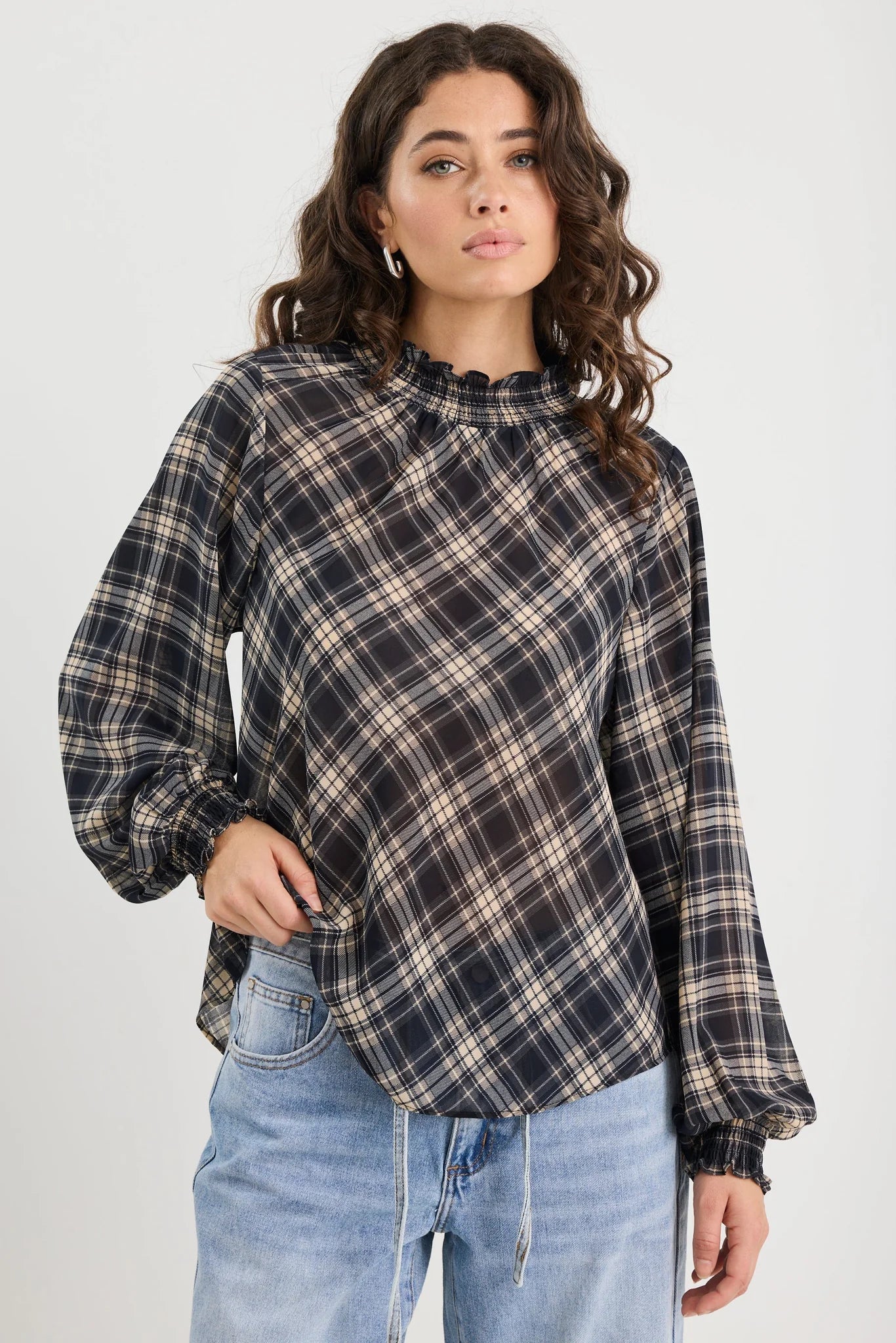 Embrace black check chiffon shirred neck l/s top