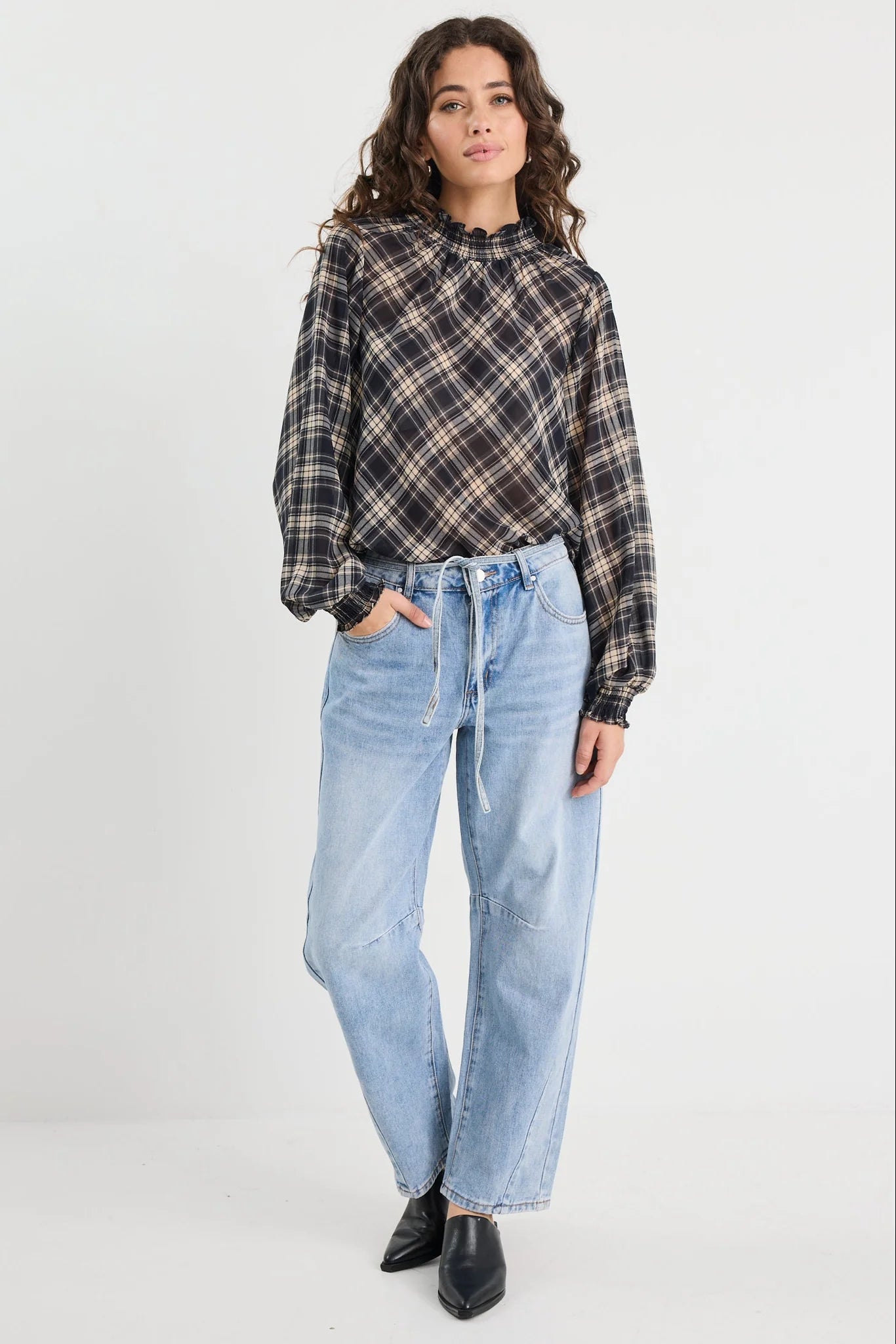 Embrace black check chiffon shirred neck l/s top