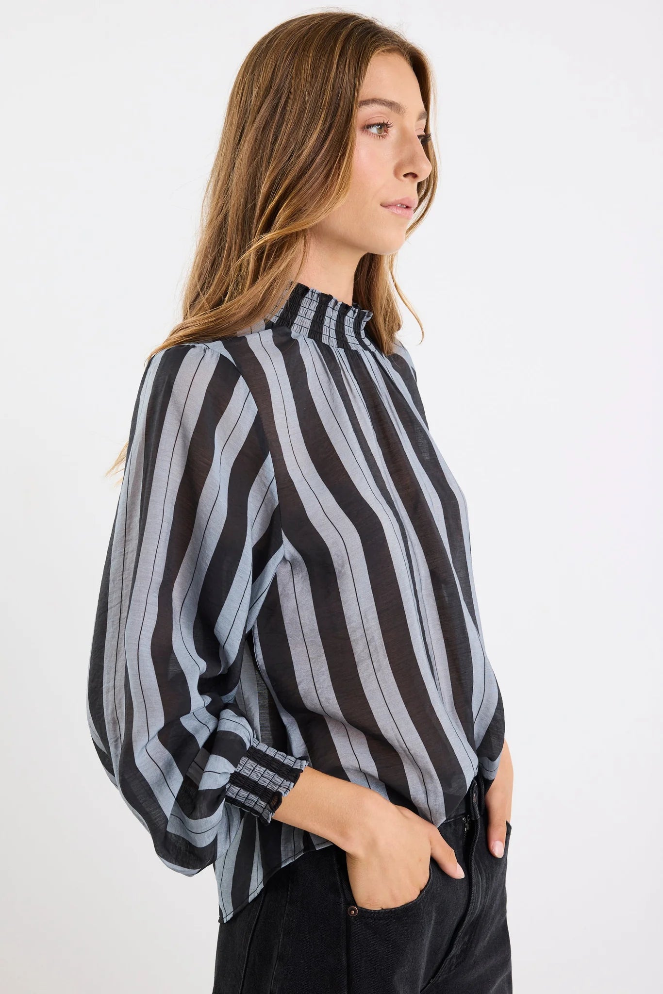 Embrace grey stripe shirred neck l/s top