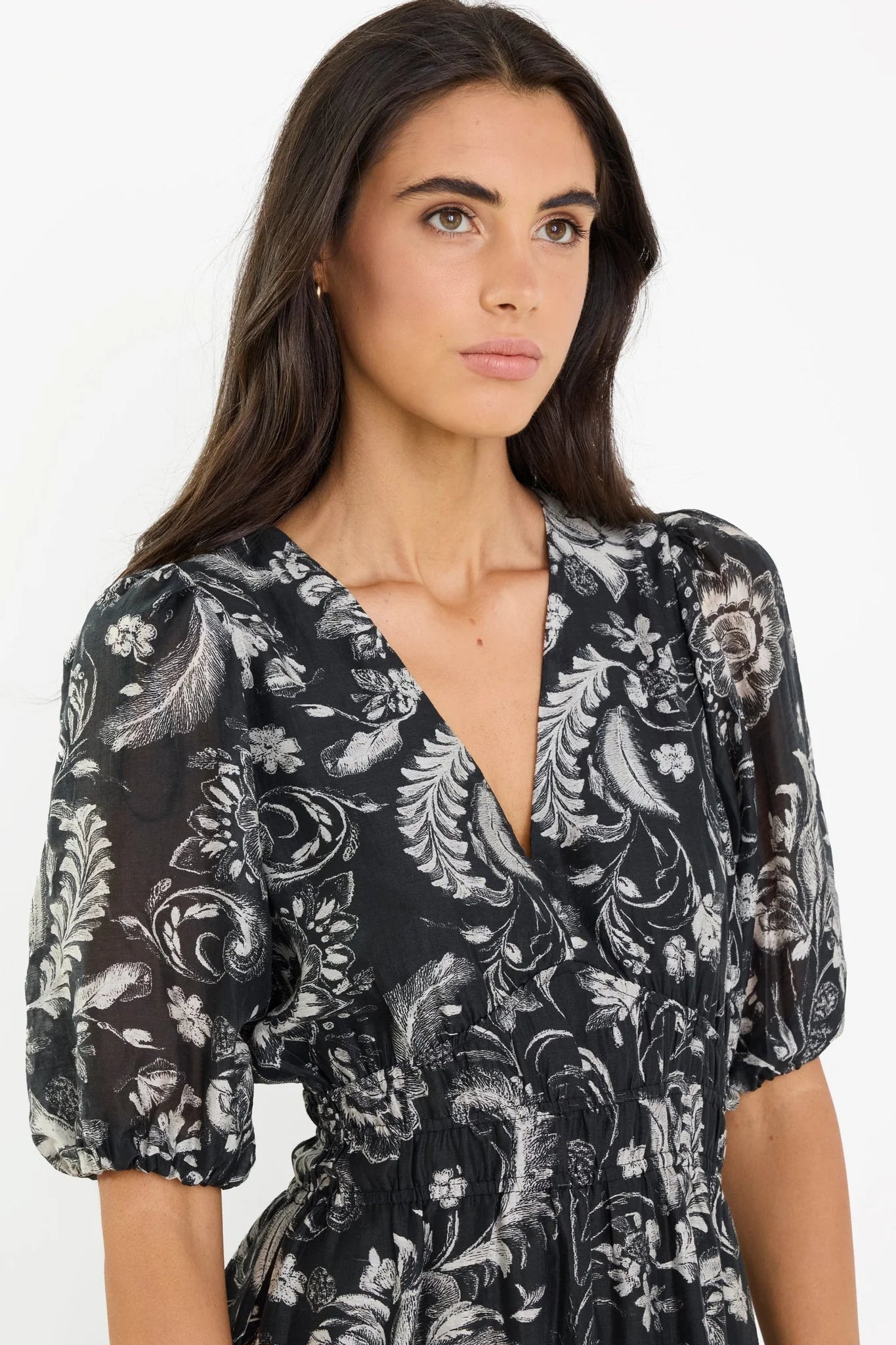 Empress black scrolling foliage ss flared maxi dress