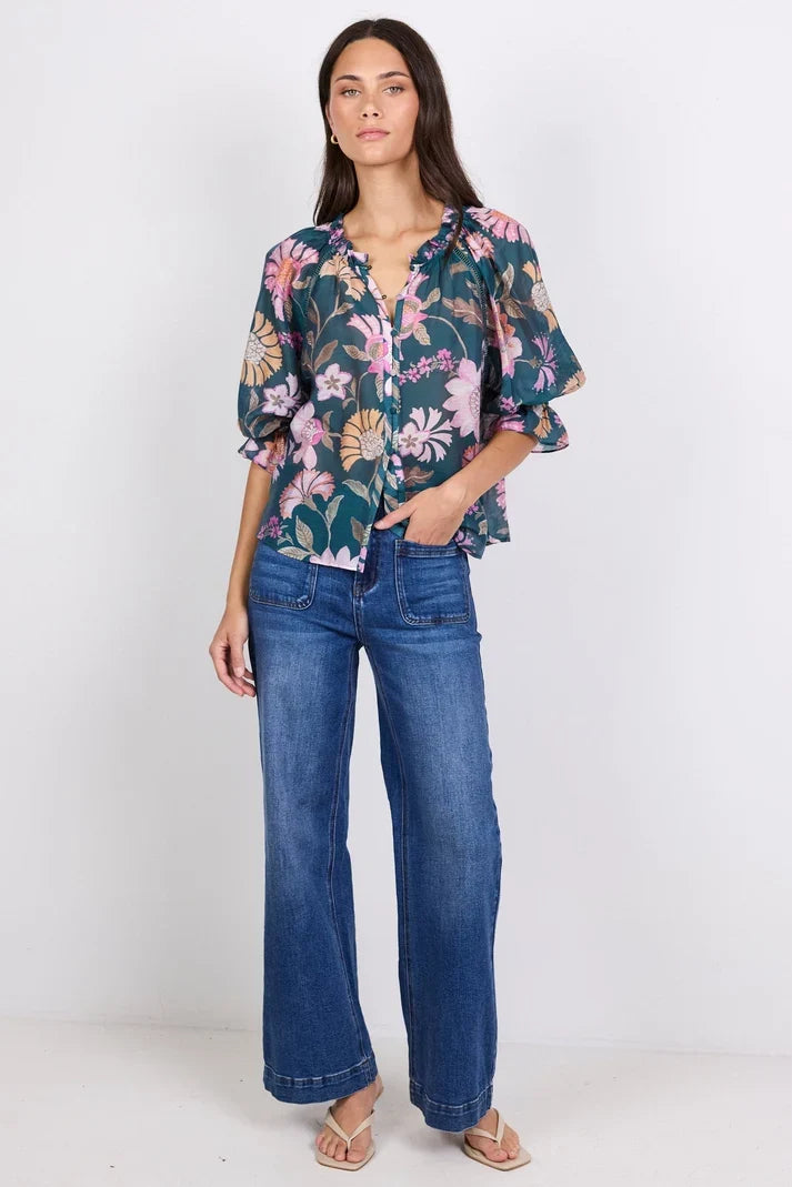 Encounter Petrol Scarf Print Top