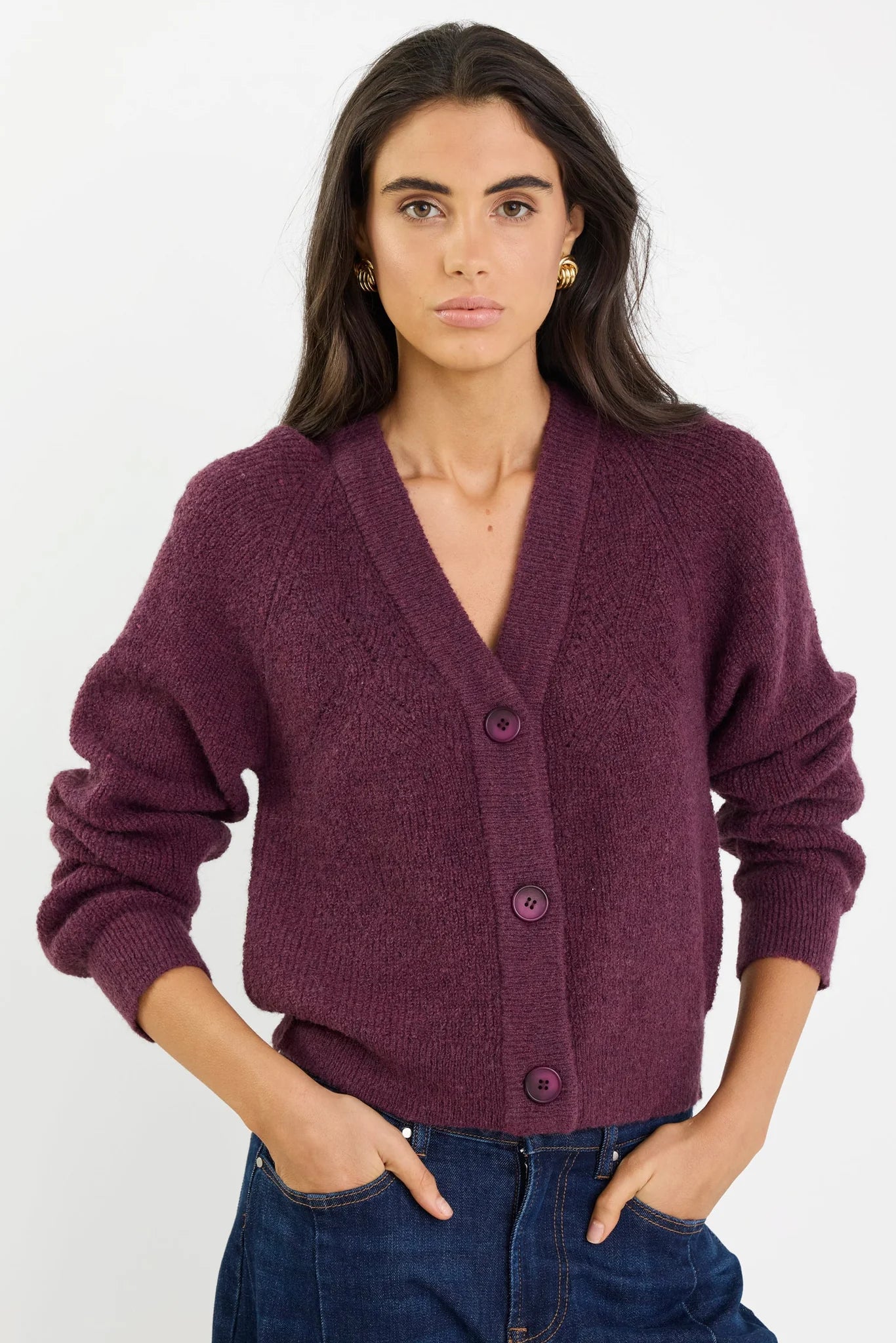 Essence plum v neck cardi rib knit