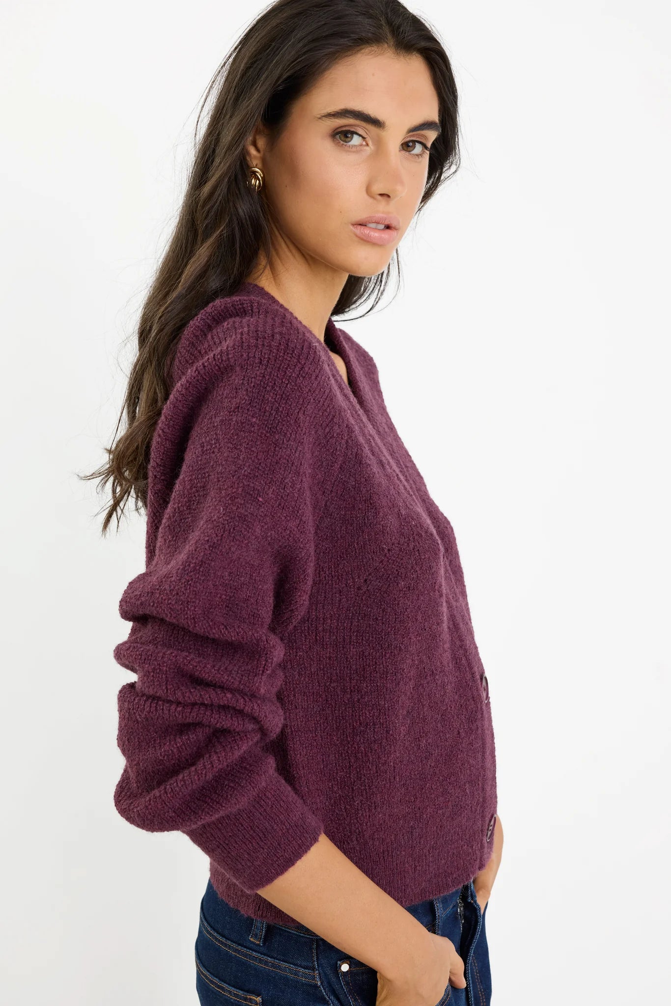 Essence plum v neck cardi rib knit