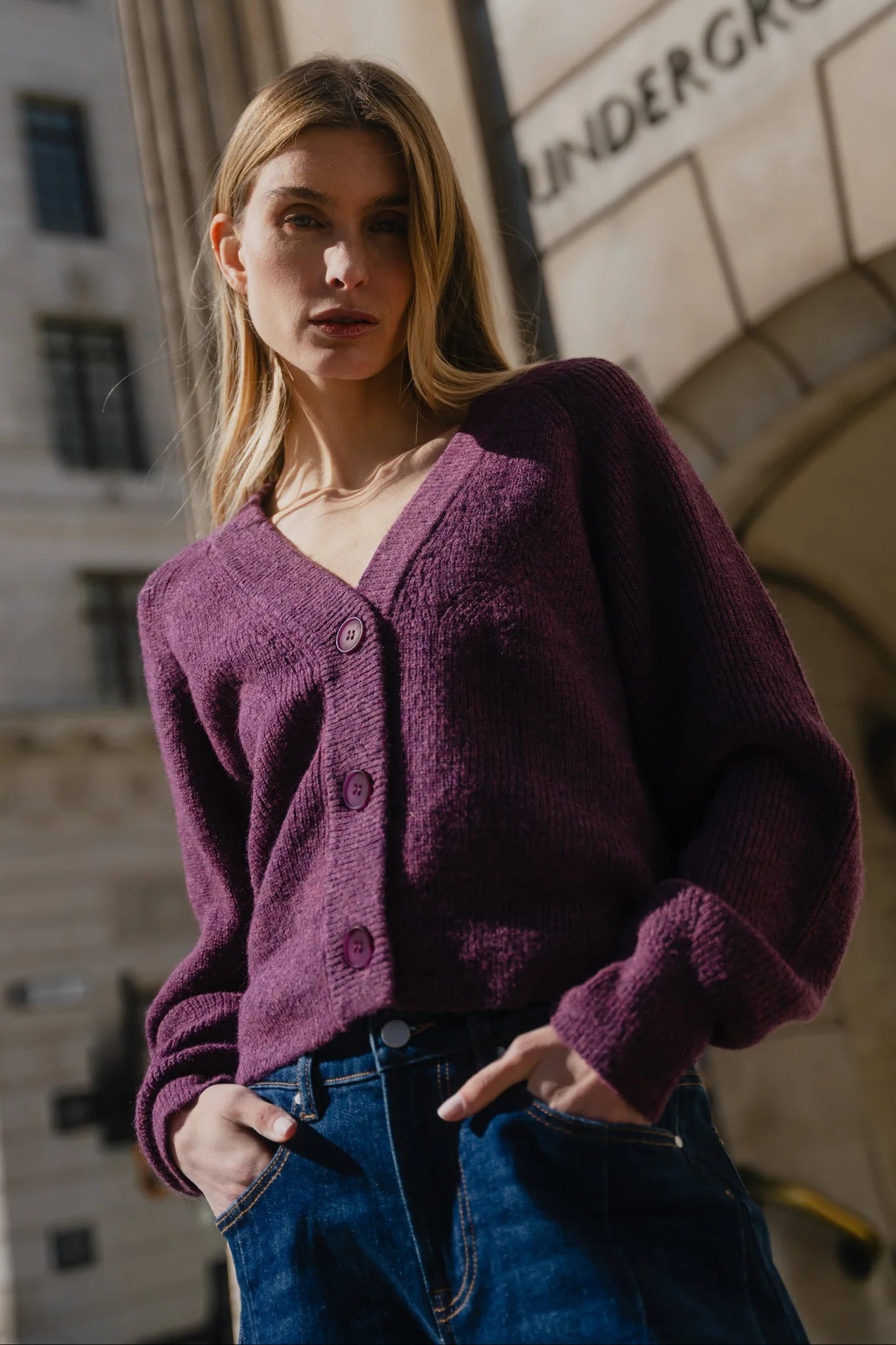 Essence plum v neck cardi rib knit