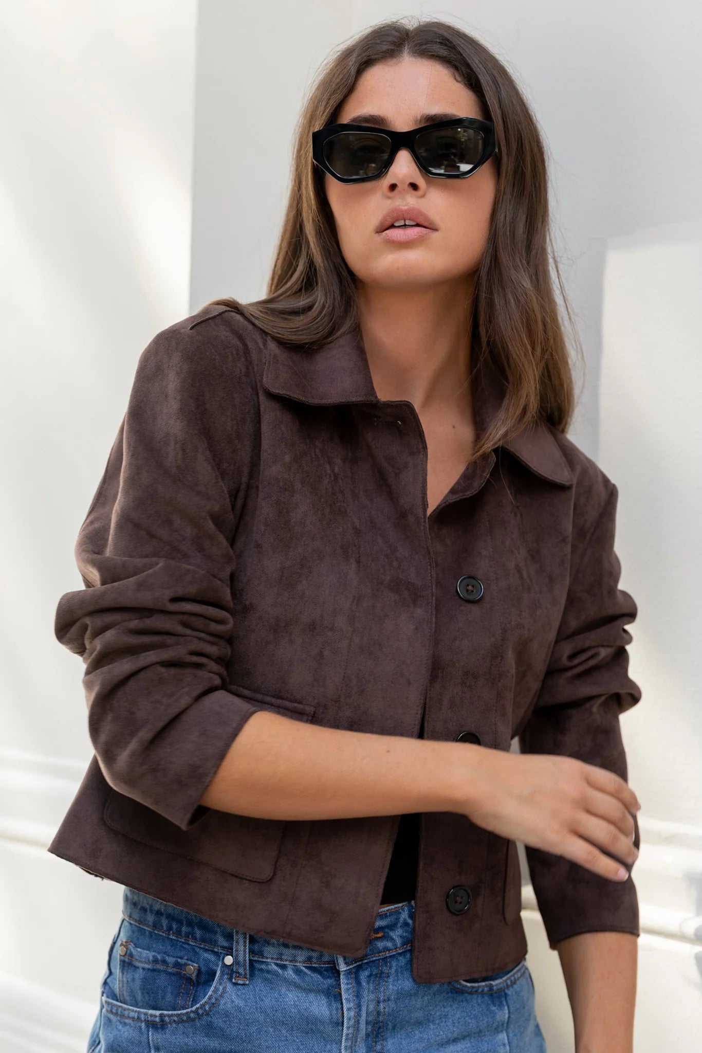 Exhibit chocolate mock suede button front cropped jacket