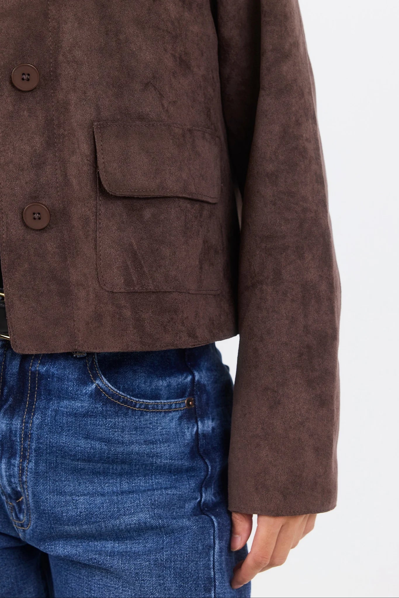 Exhibit chocolate mock suede button front cropped jacket