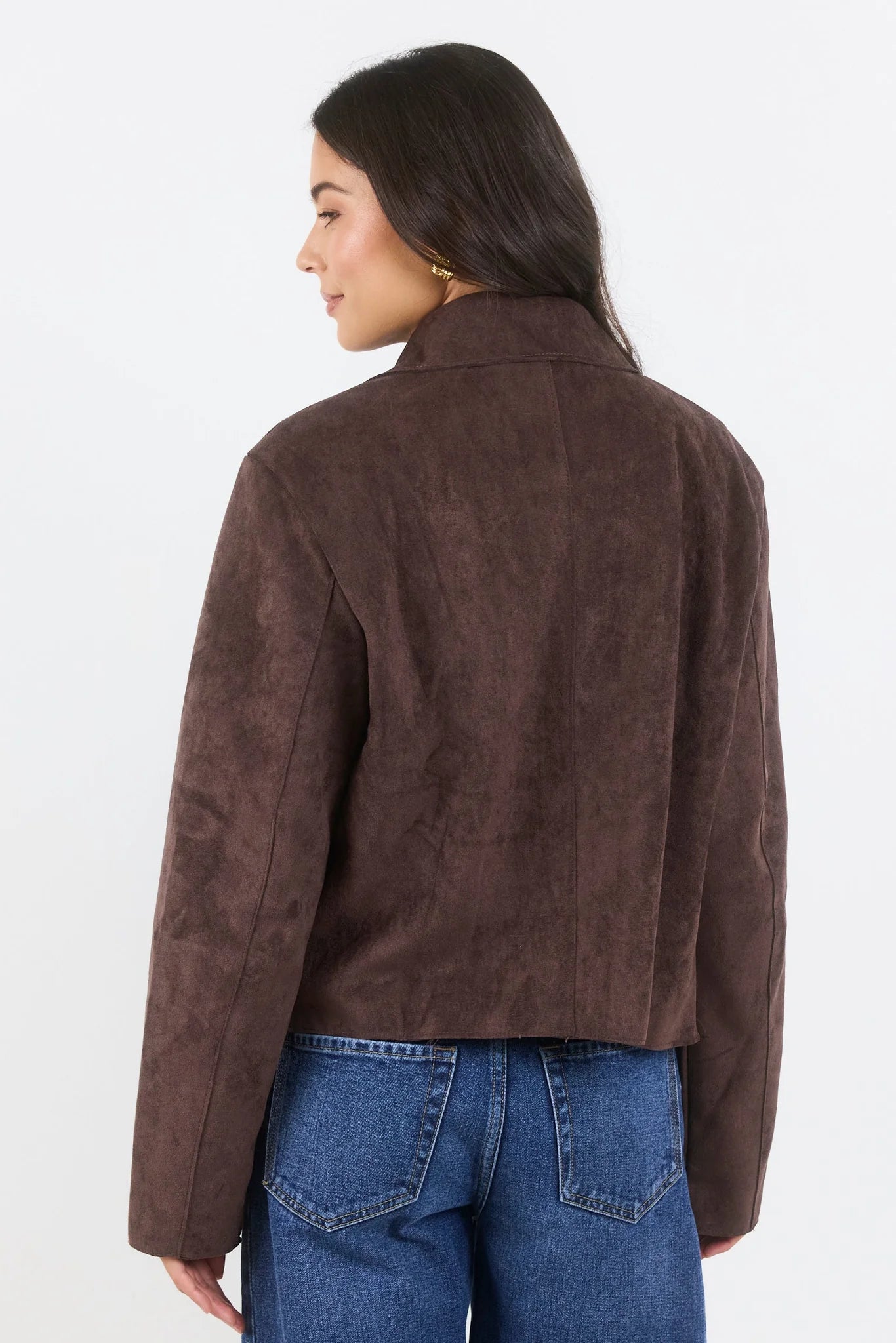 Exhibit chocolate mock suede button front cropped jacket