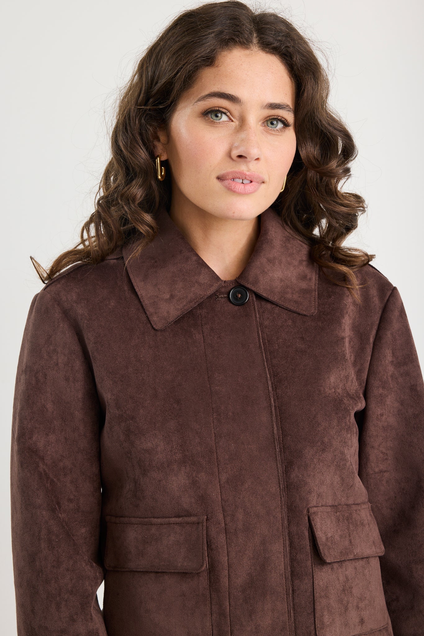 Exhibit chocolate mock suede button front cropped jacket