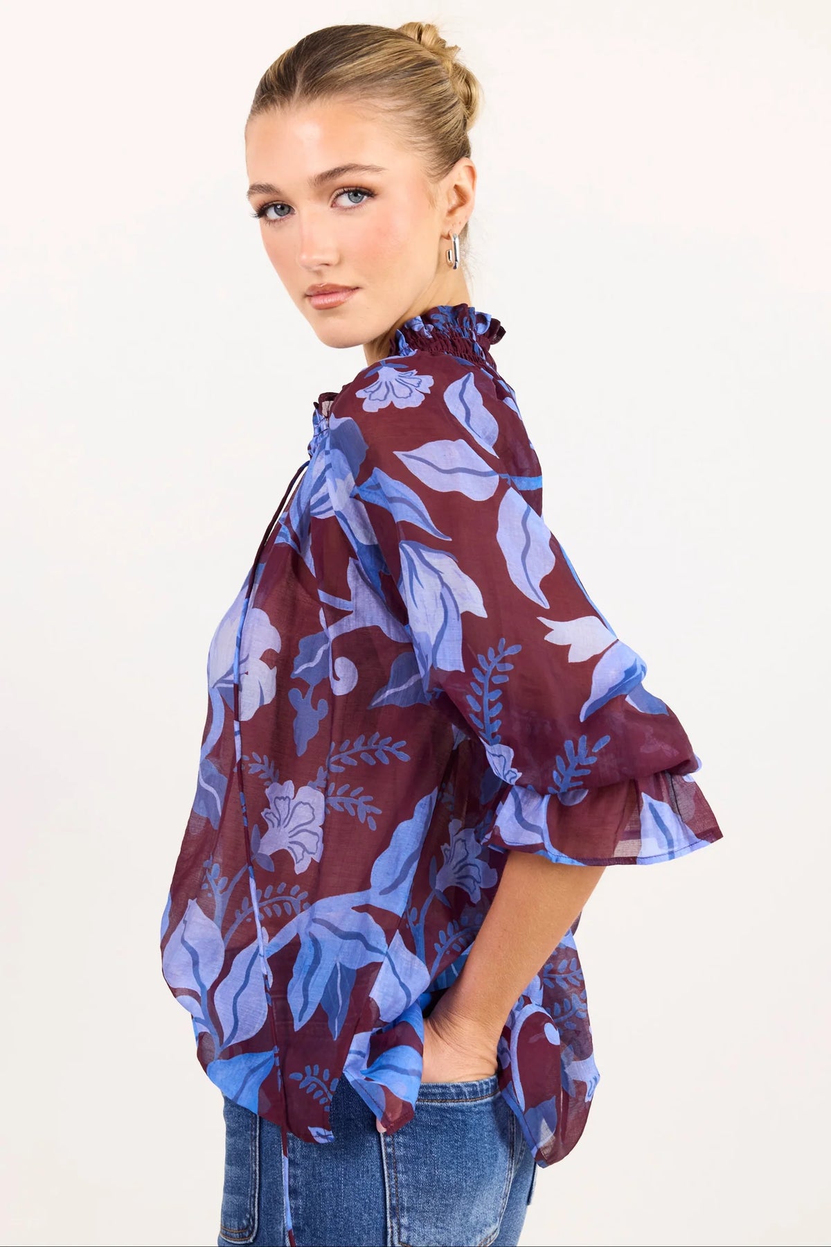 Expedition burgundy blue floral shirred neck top