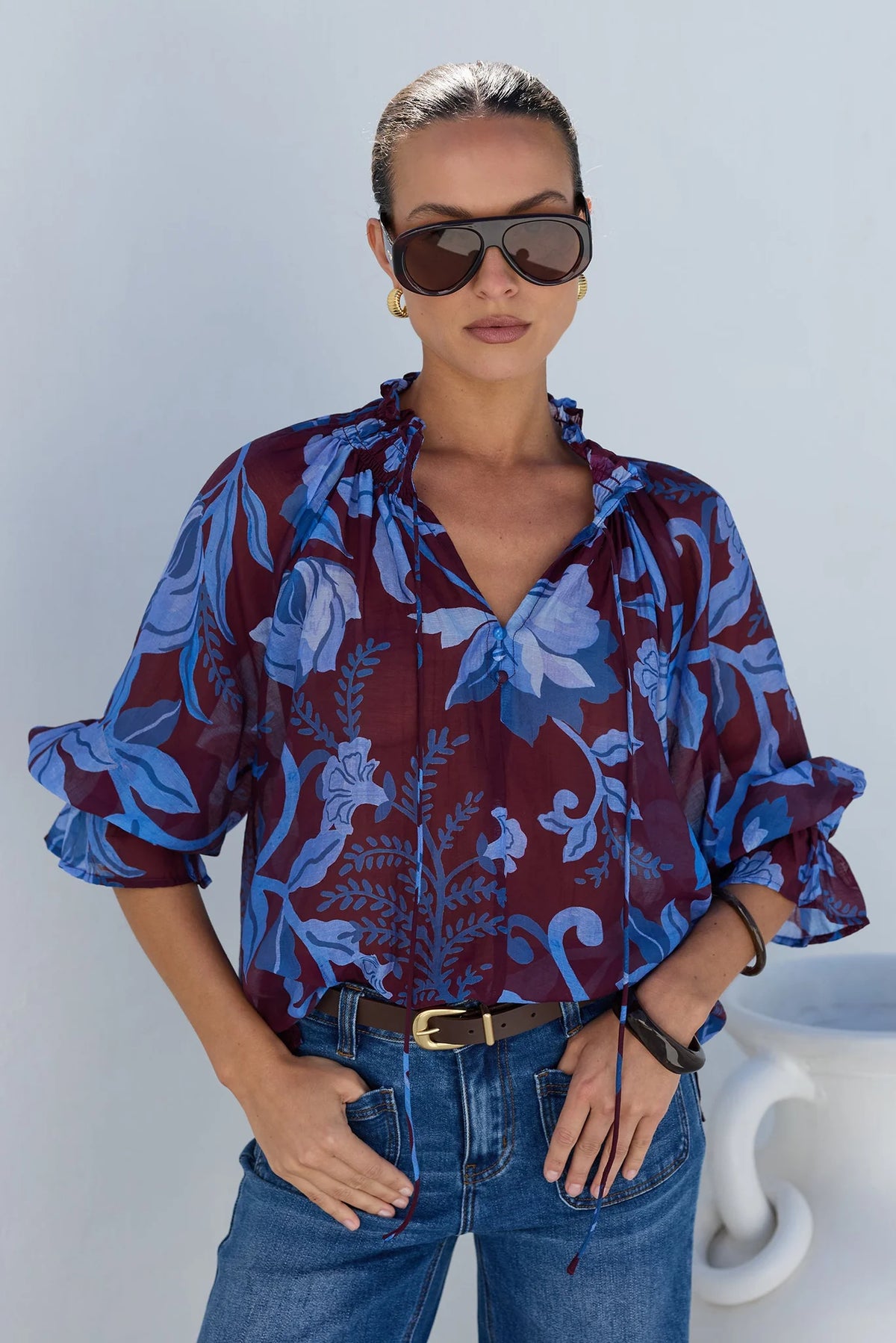 Expedition burgundy blue floral shirred neck top