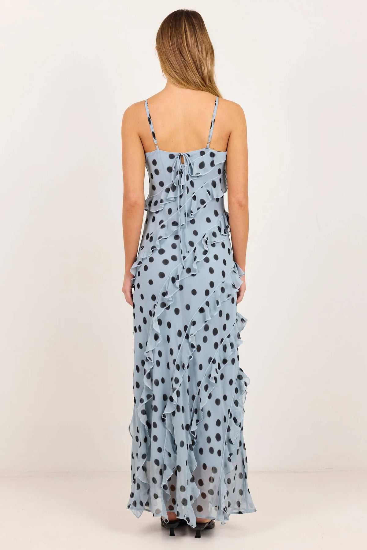 Galore Ice Blue Polka Dot Georgette Bias Ruffle Slip Maxi Dress