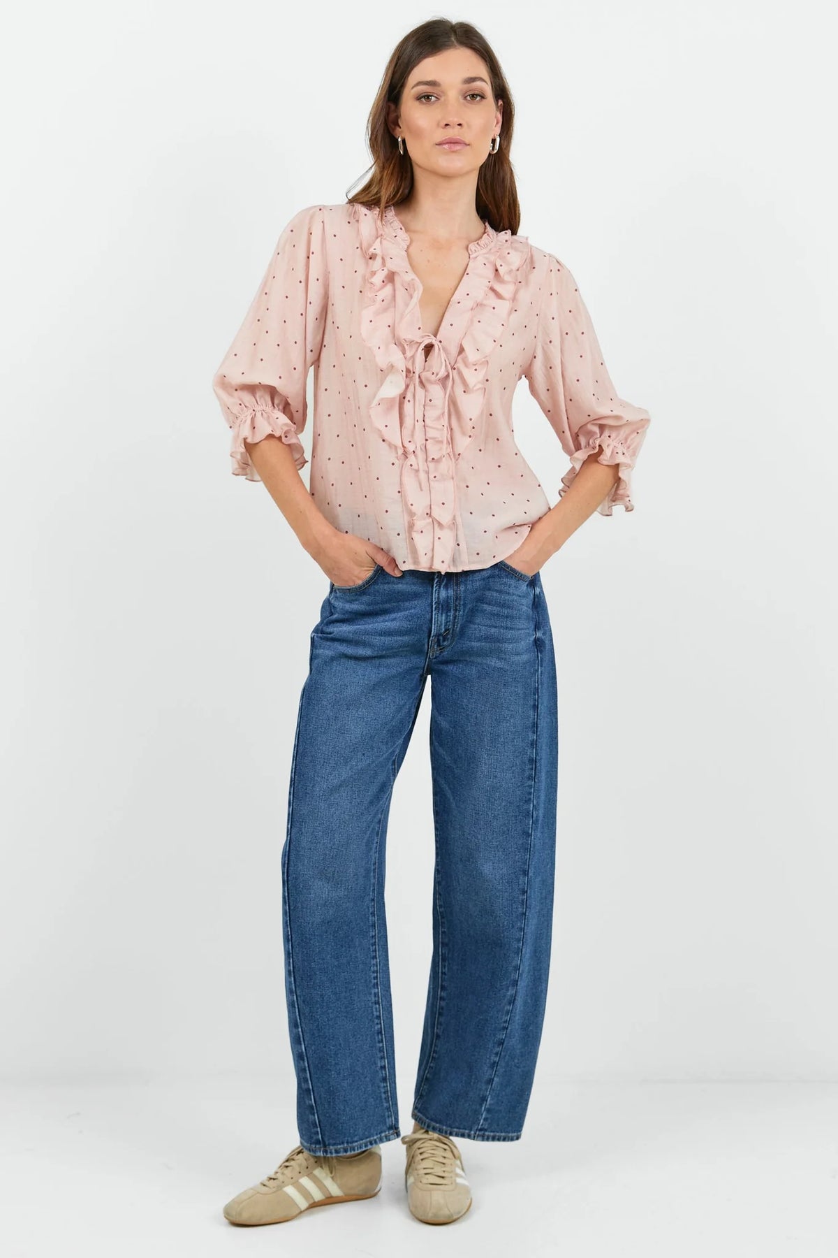 Garnish blush polka dot frill front midi sleeve top