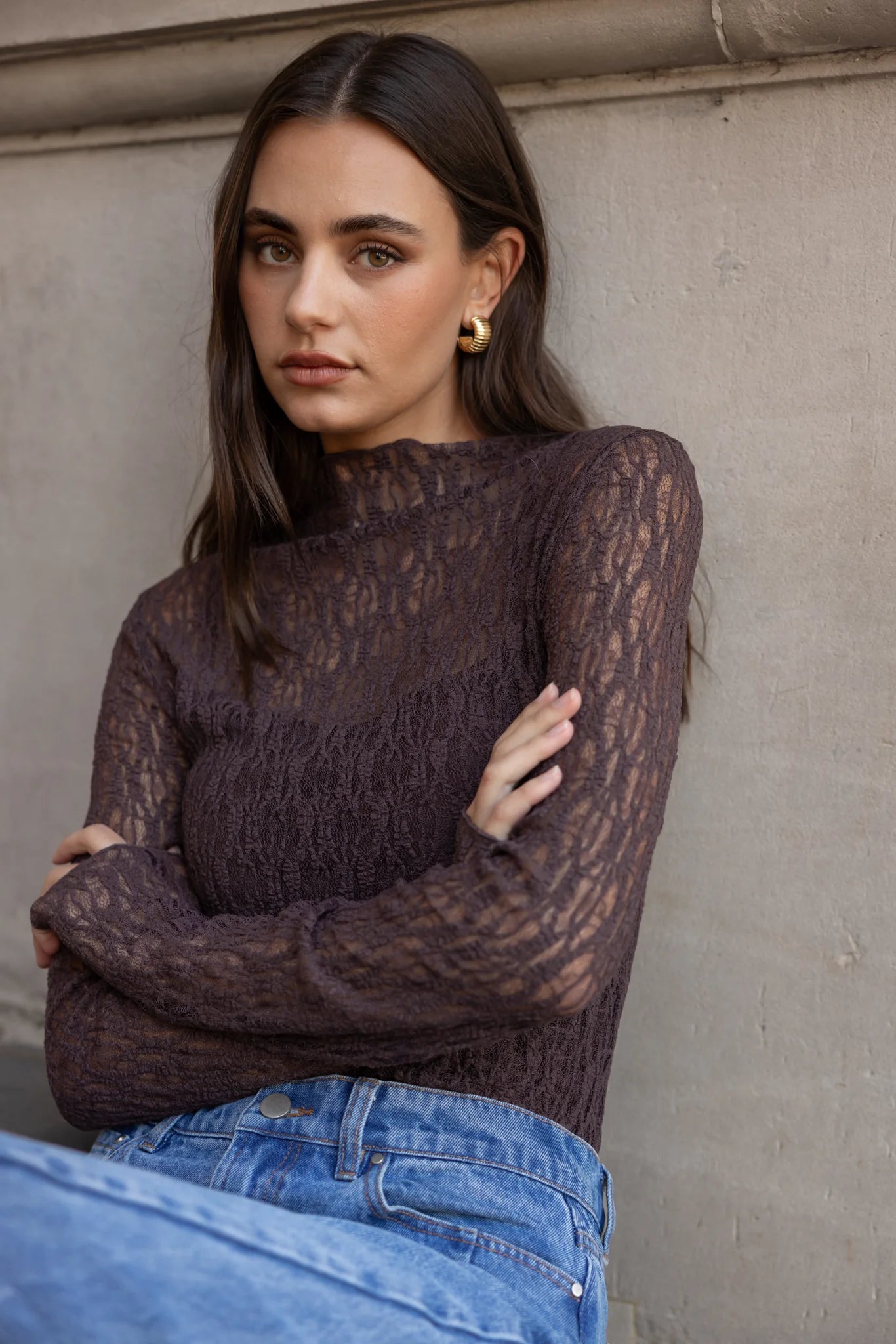 Giving chocolate lace long sleeve top