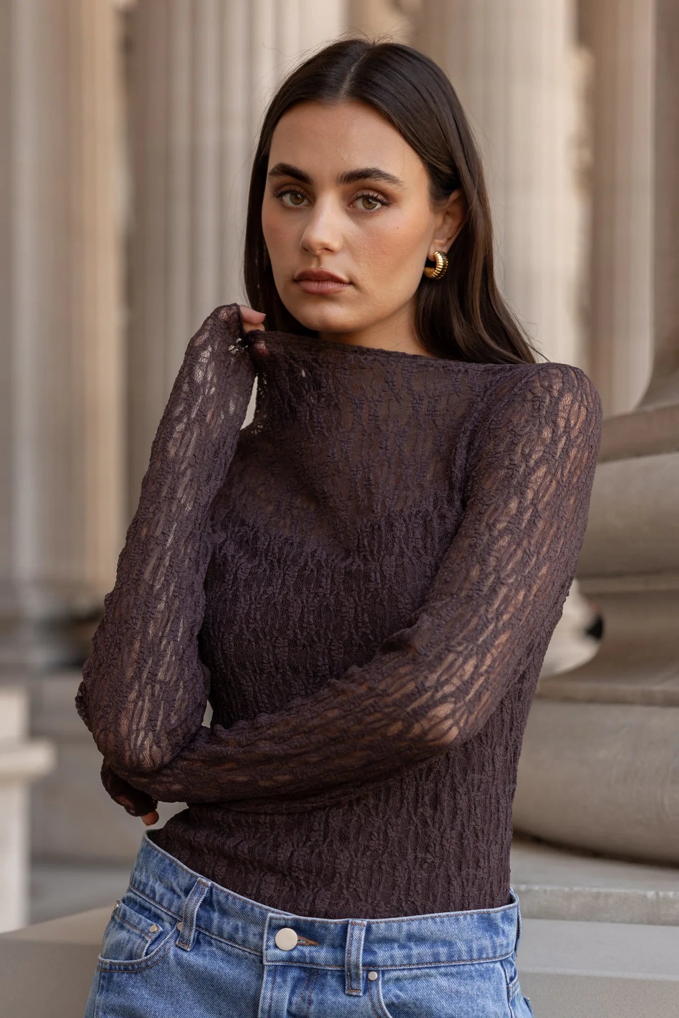 Giving chocolate lace long sleeve top