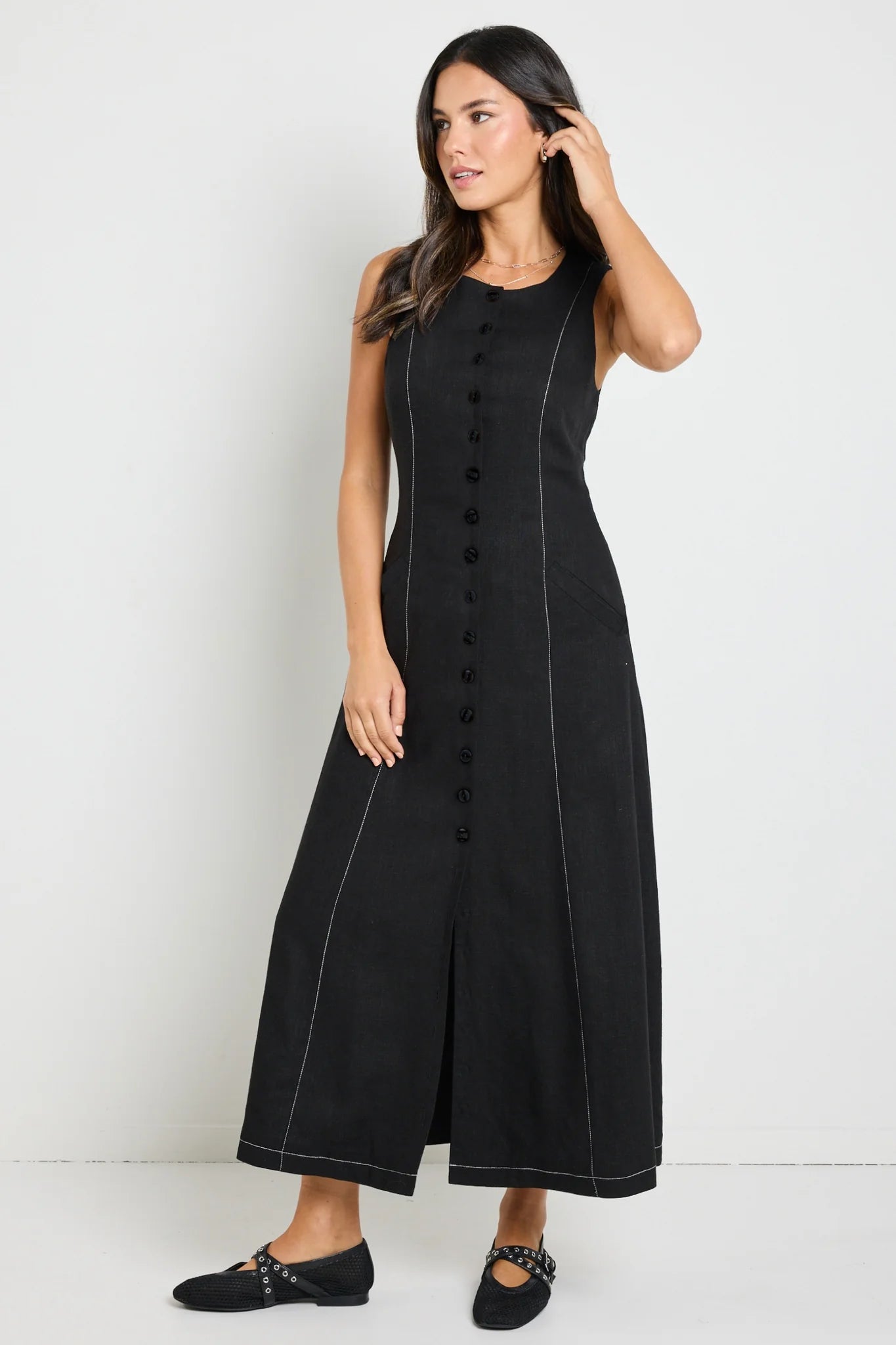 Guide Black Contrast Stitch Maxi Vest Dress