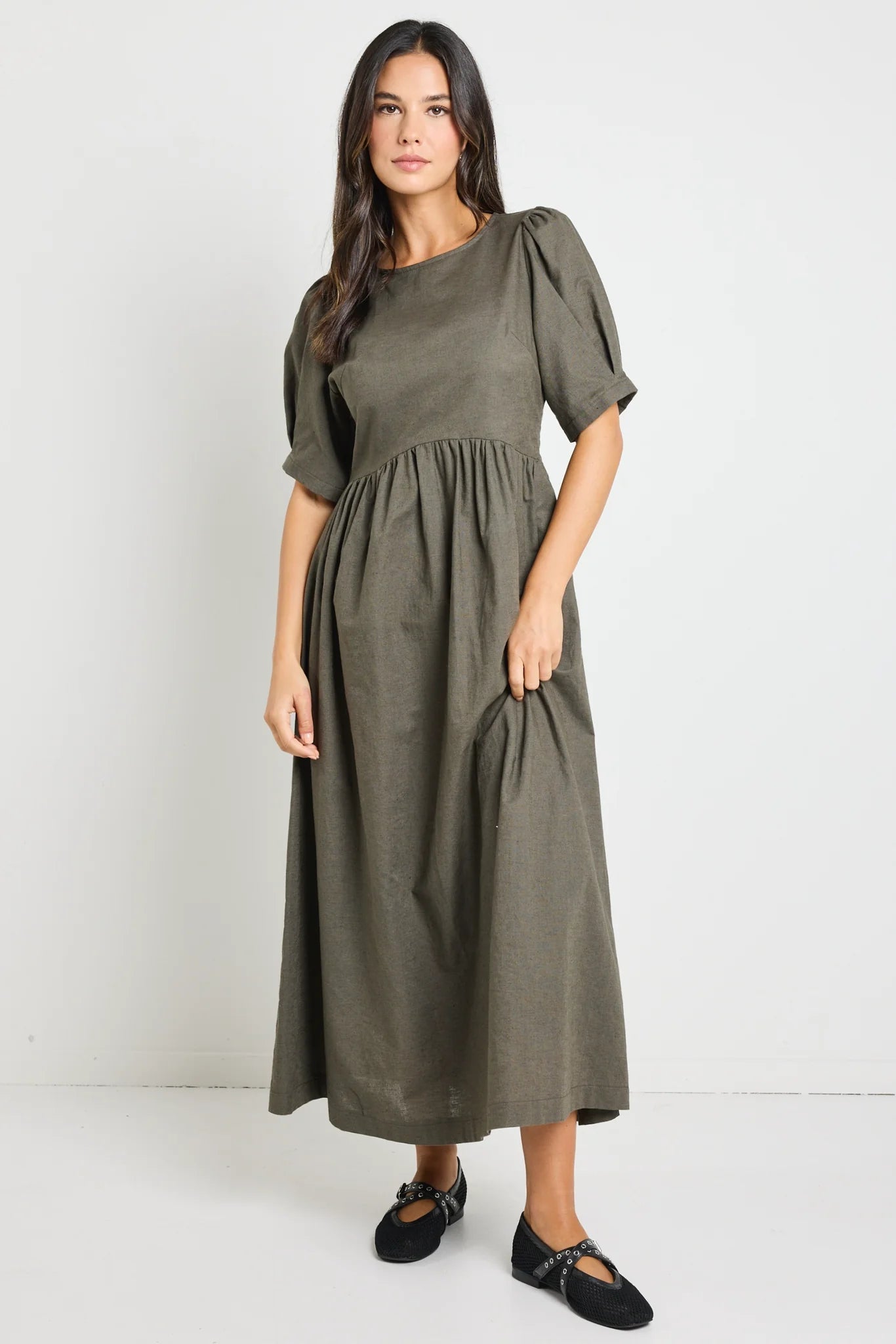 Hemisphere Khaki Relaxed Midi Dress