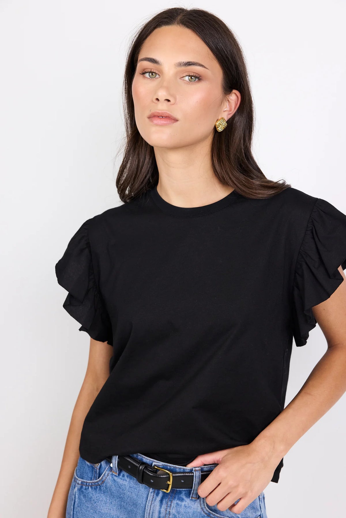 Hover black flutter sleeve tee