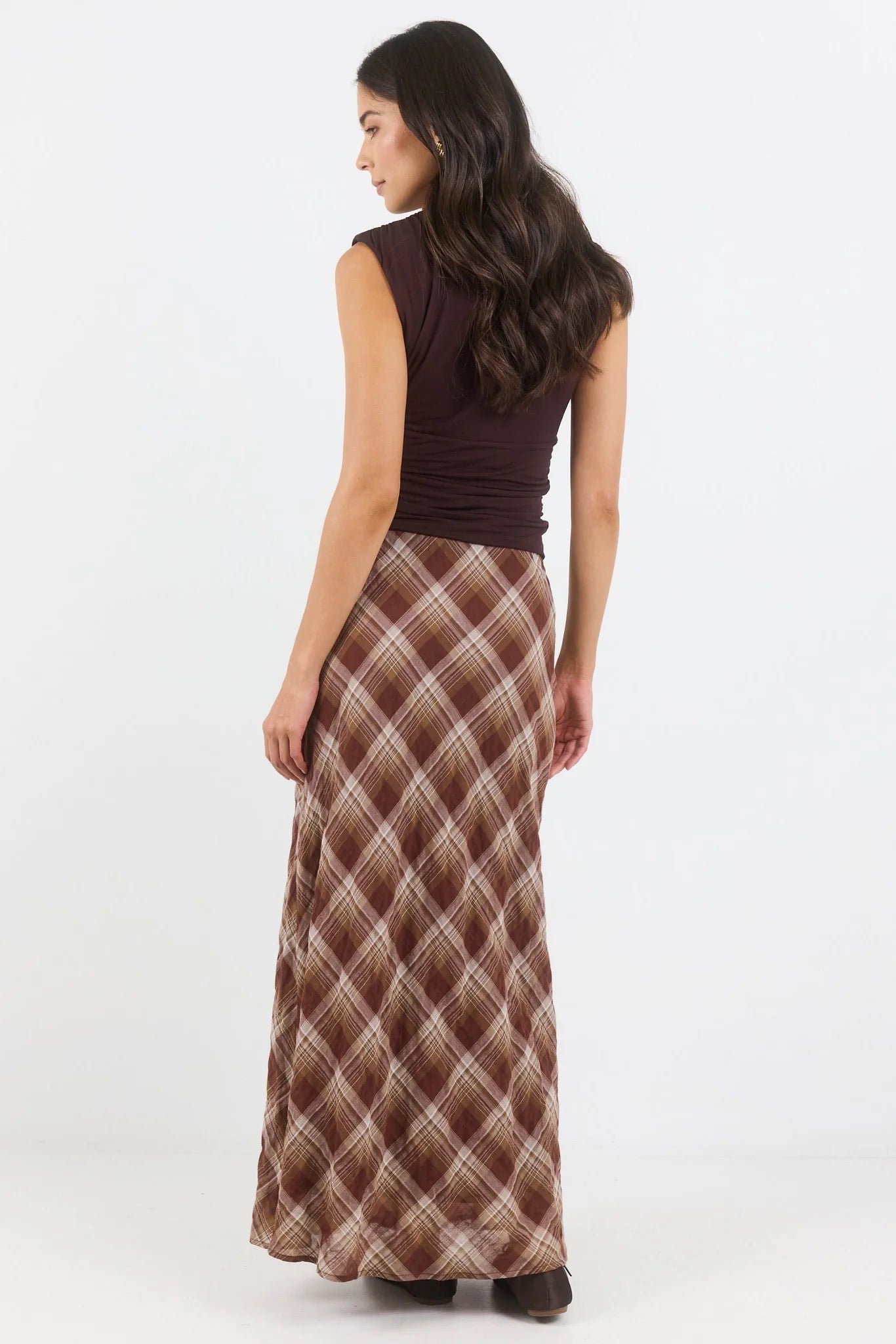 Breathe Brown Check Bias Maxi Skirt