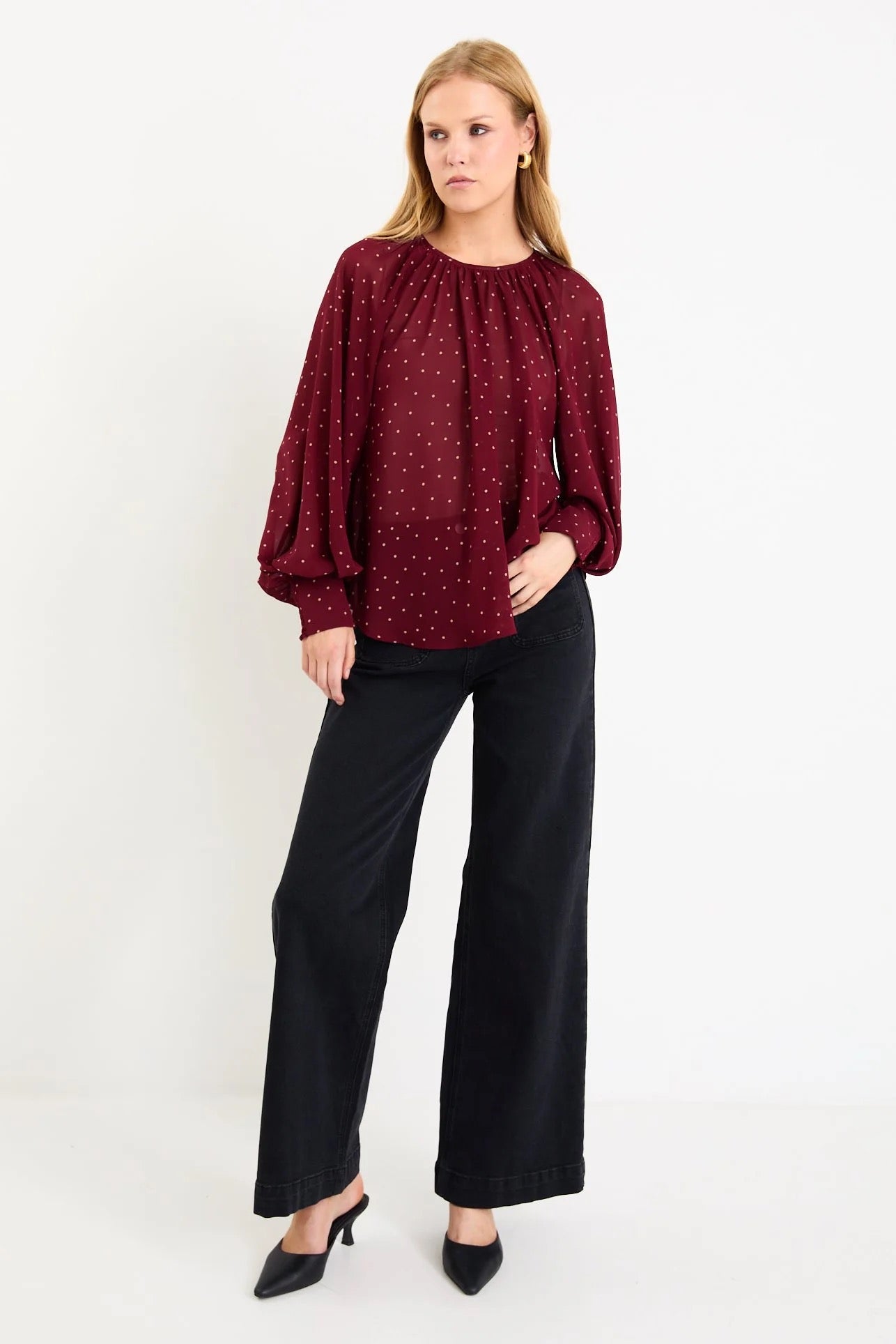 Cosmopolitan burgundy polka dot crew neck l/s top